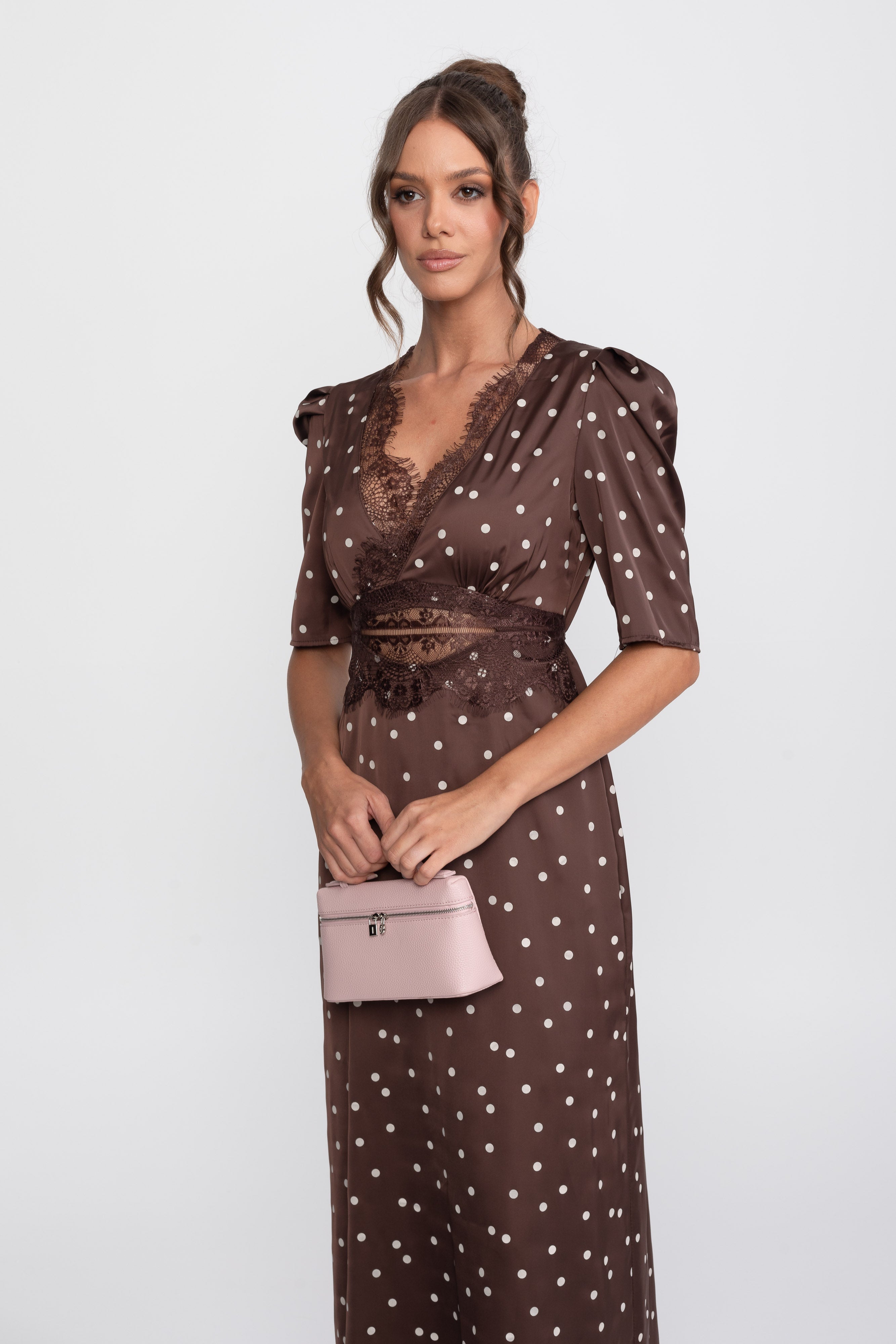 Rochie midi cu buline și margini din dantelă, cu mâneci bufante - Brown 