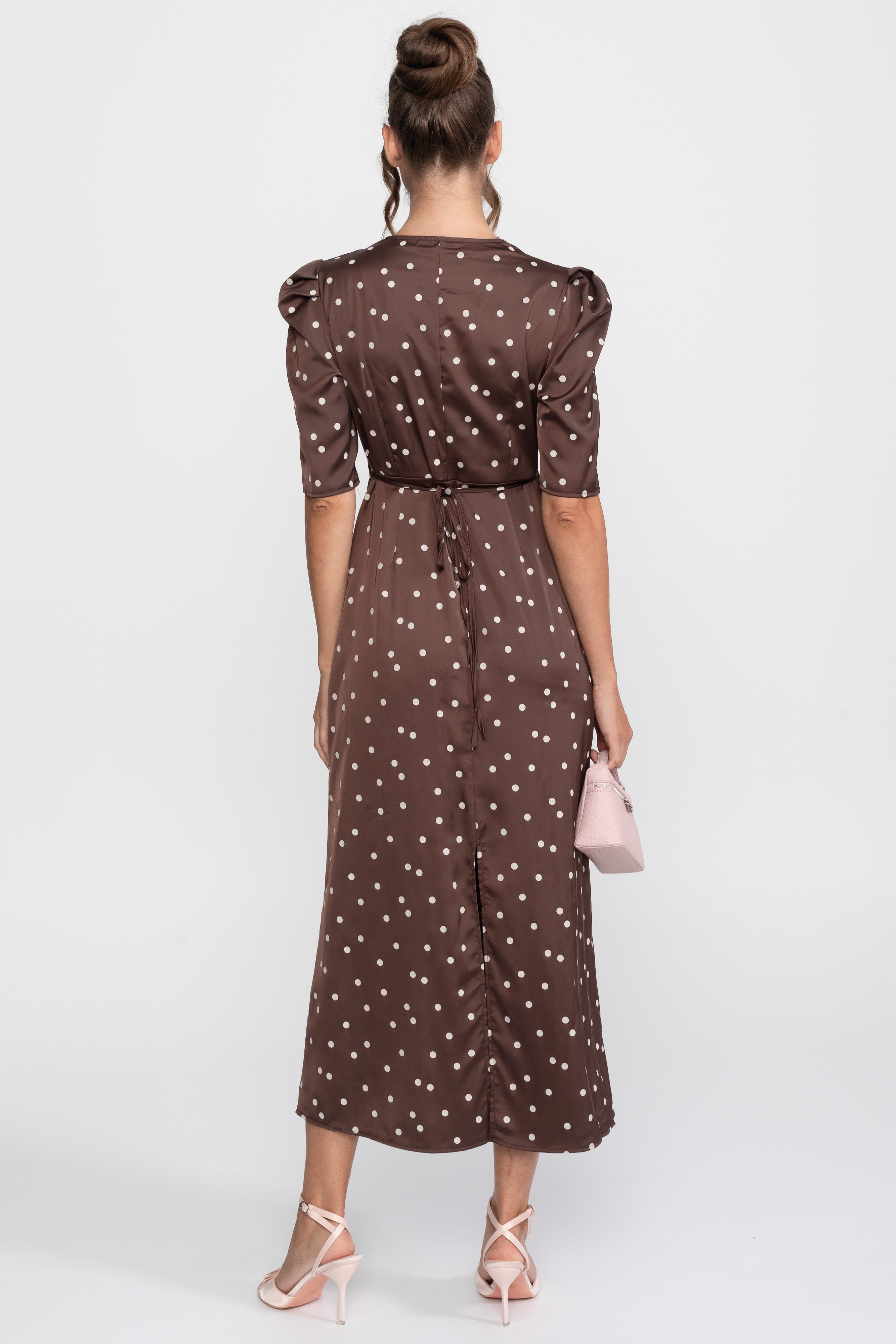 Rochie midi cu buline și margini din dantelă, cu mâneci bufante - Brown 