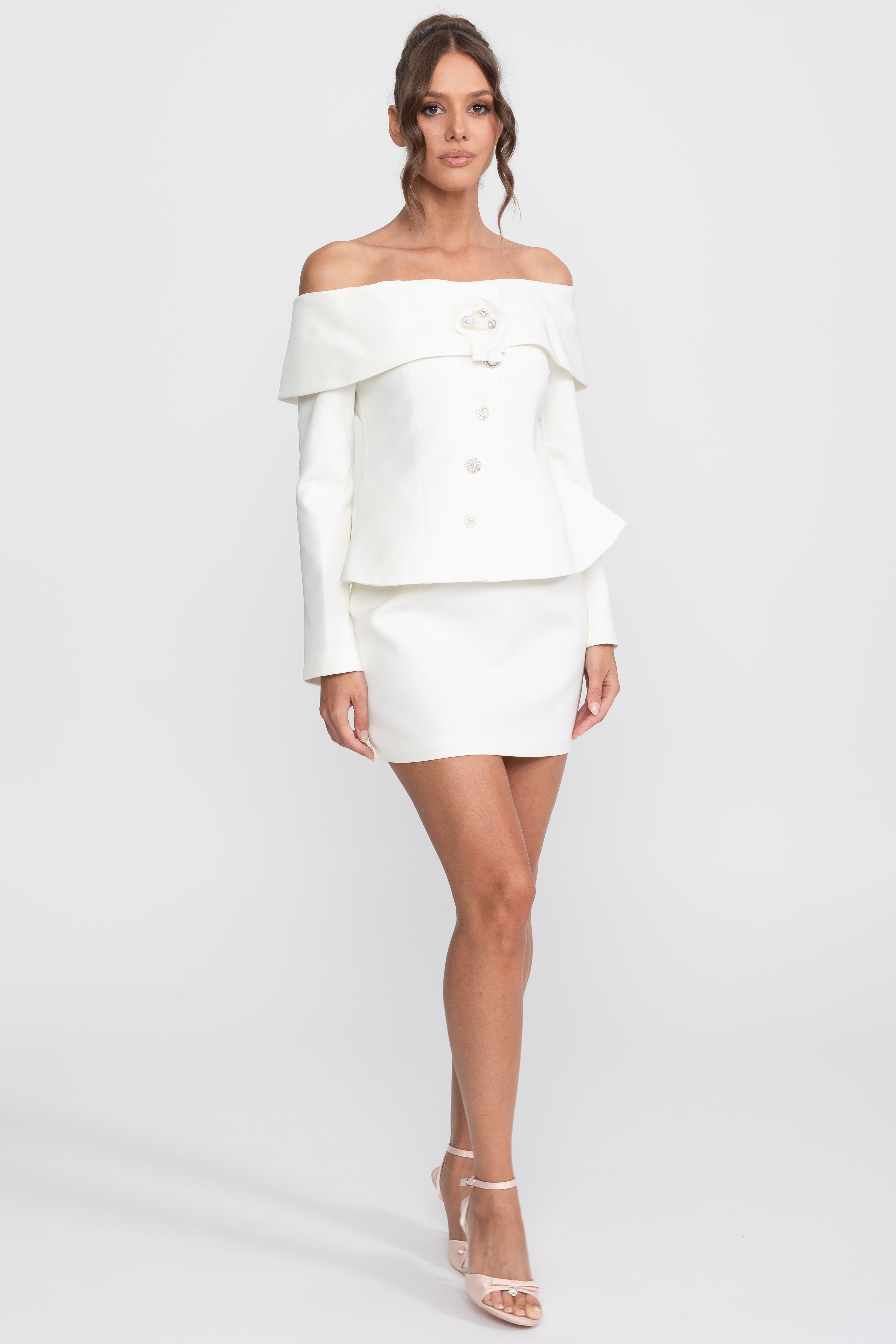 Set elegant coord cu top peplum off-shoulder și fustă mini - Alb 