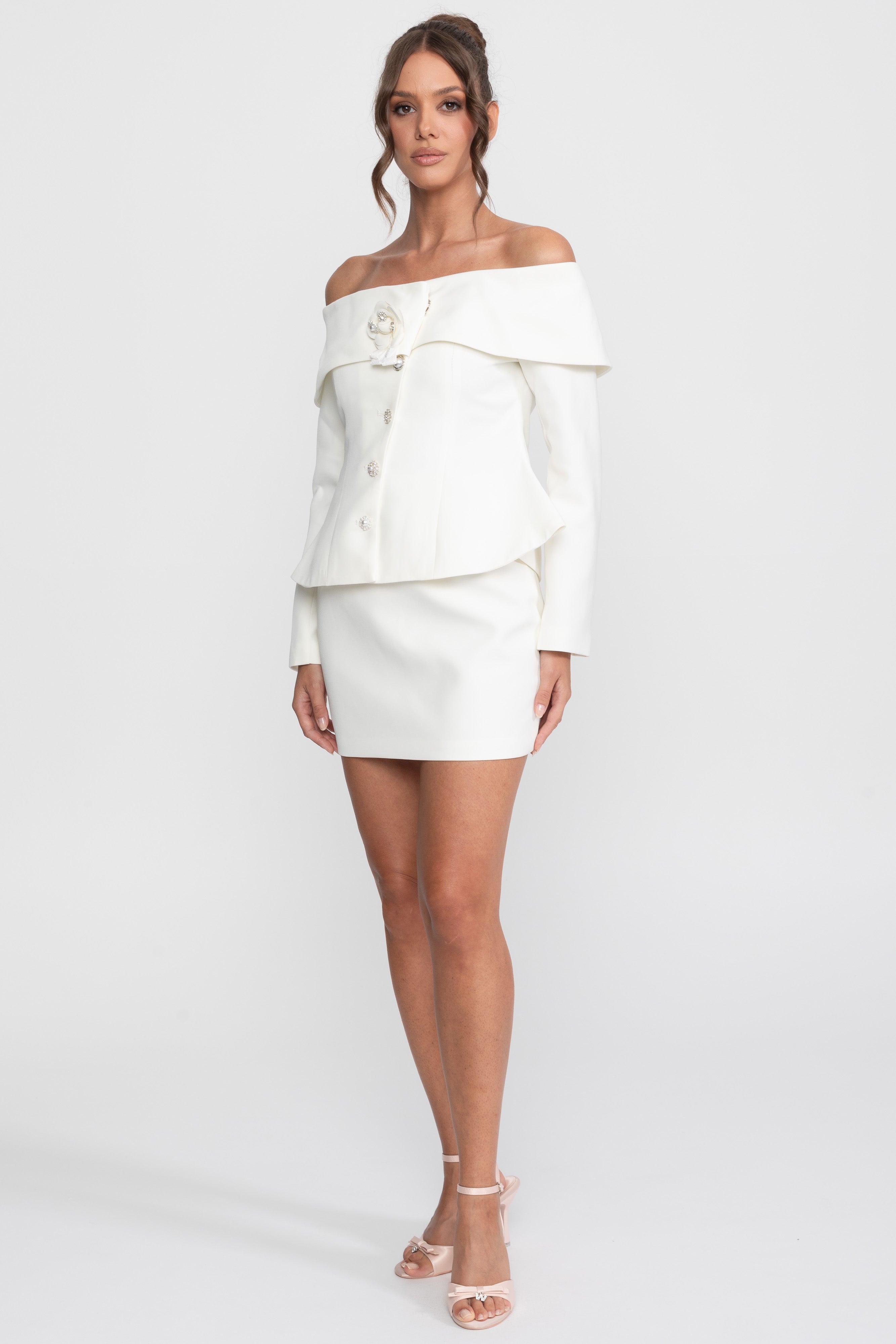 Set elegant coord cu top peplum off-shoulder și fustă mini - Alb 