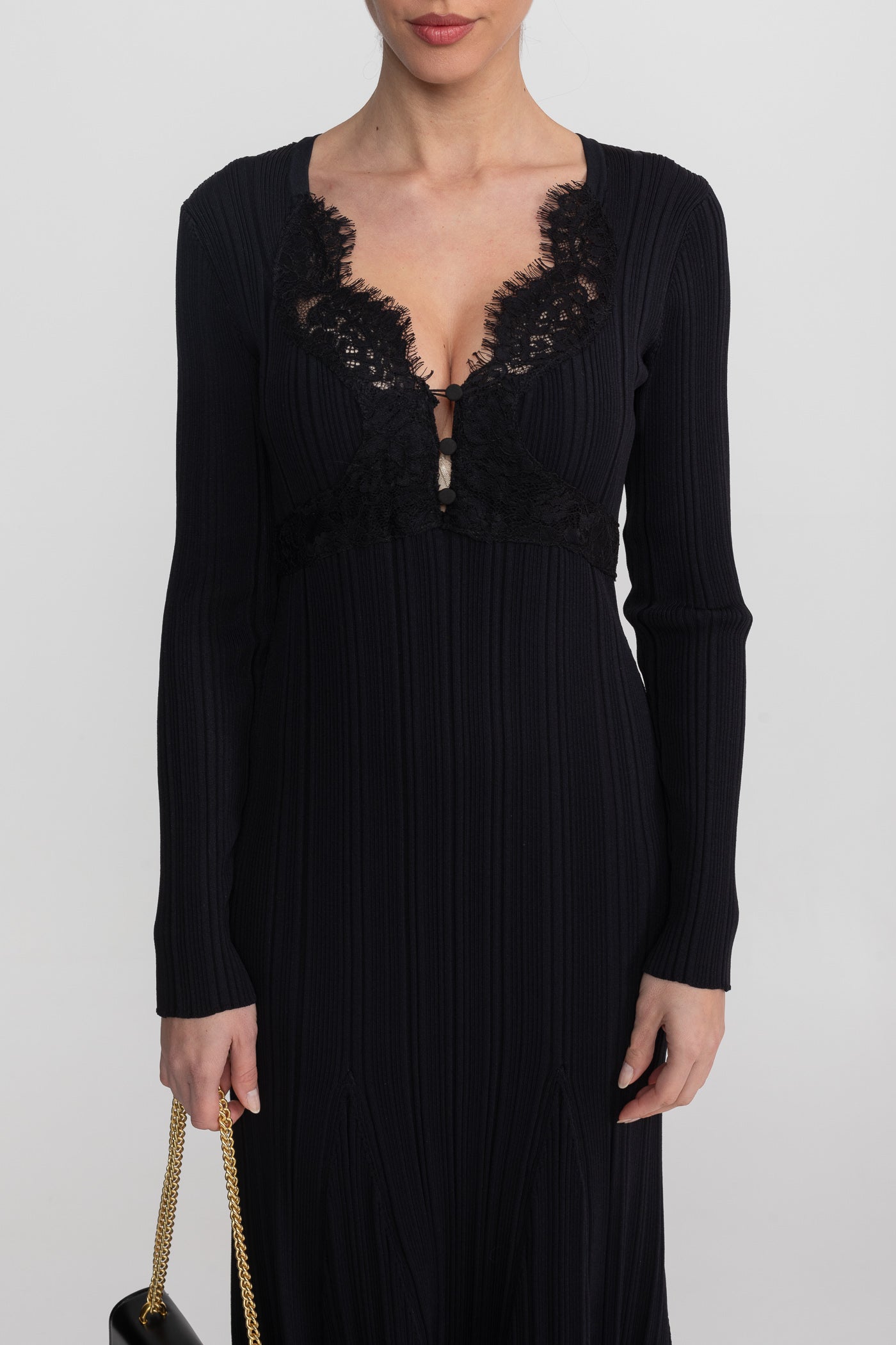 Rochie midi cu mâneci lungi și model reiat, decolteu în V cu dantelă - Negru 