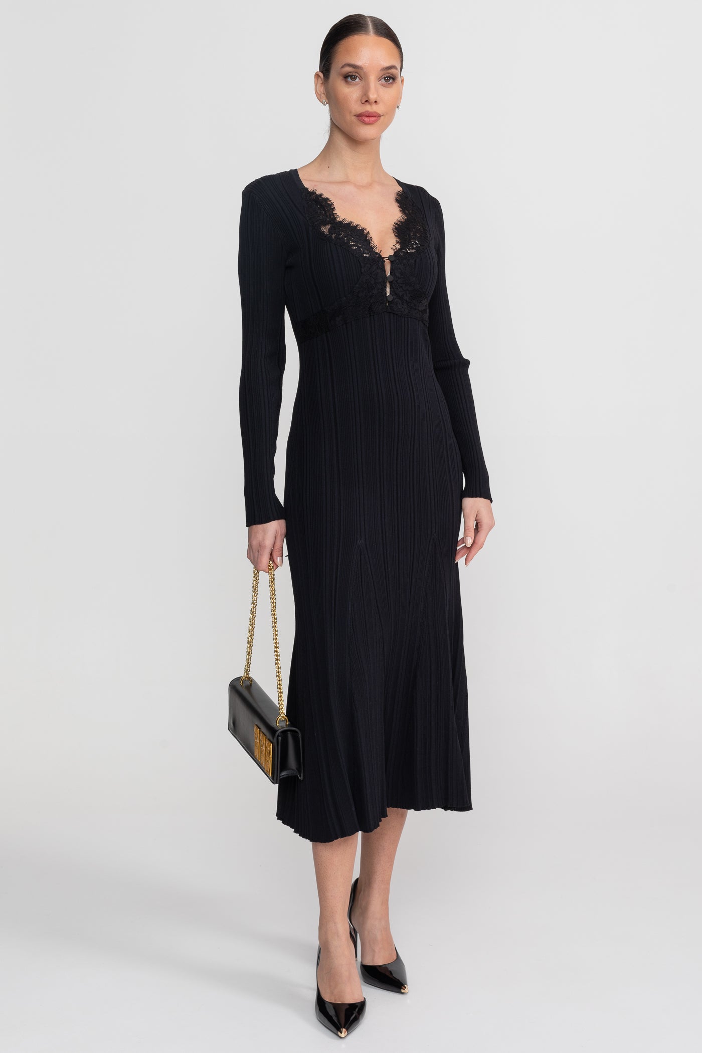 Rochie midi cu mâneci lungi și model reiat, decolteu în V cu dantelă - Negru 