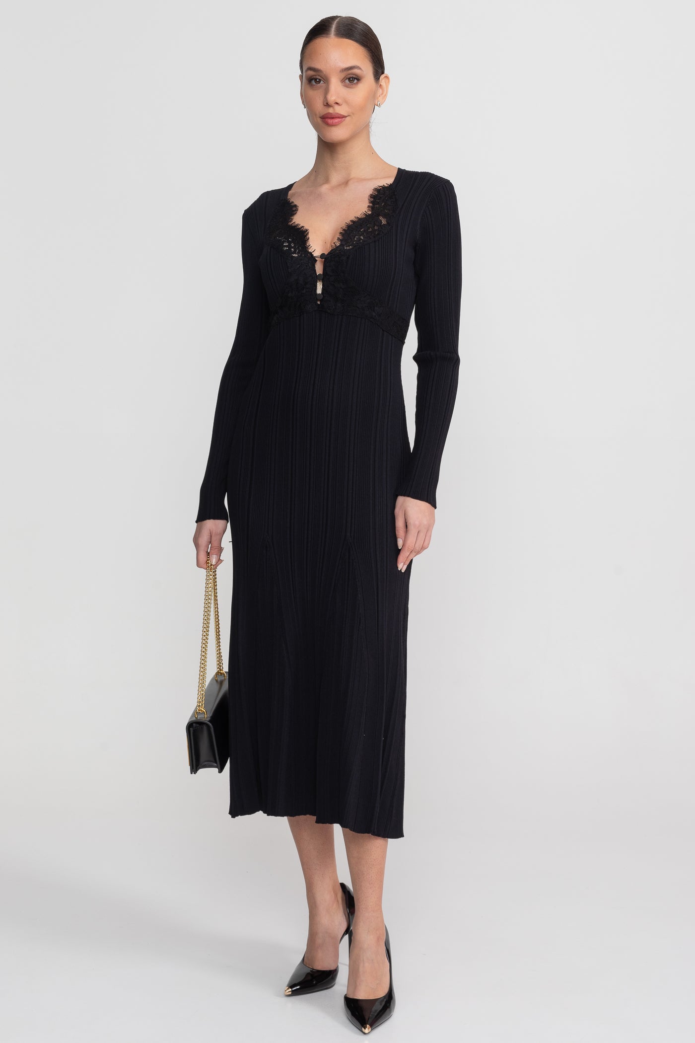 Rochie midi cu mâneci lungi și model reiat, decolteu în V cu dantelă - Negru 