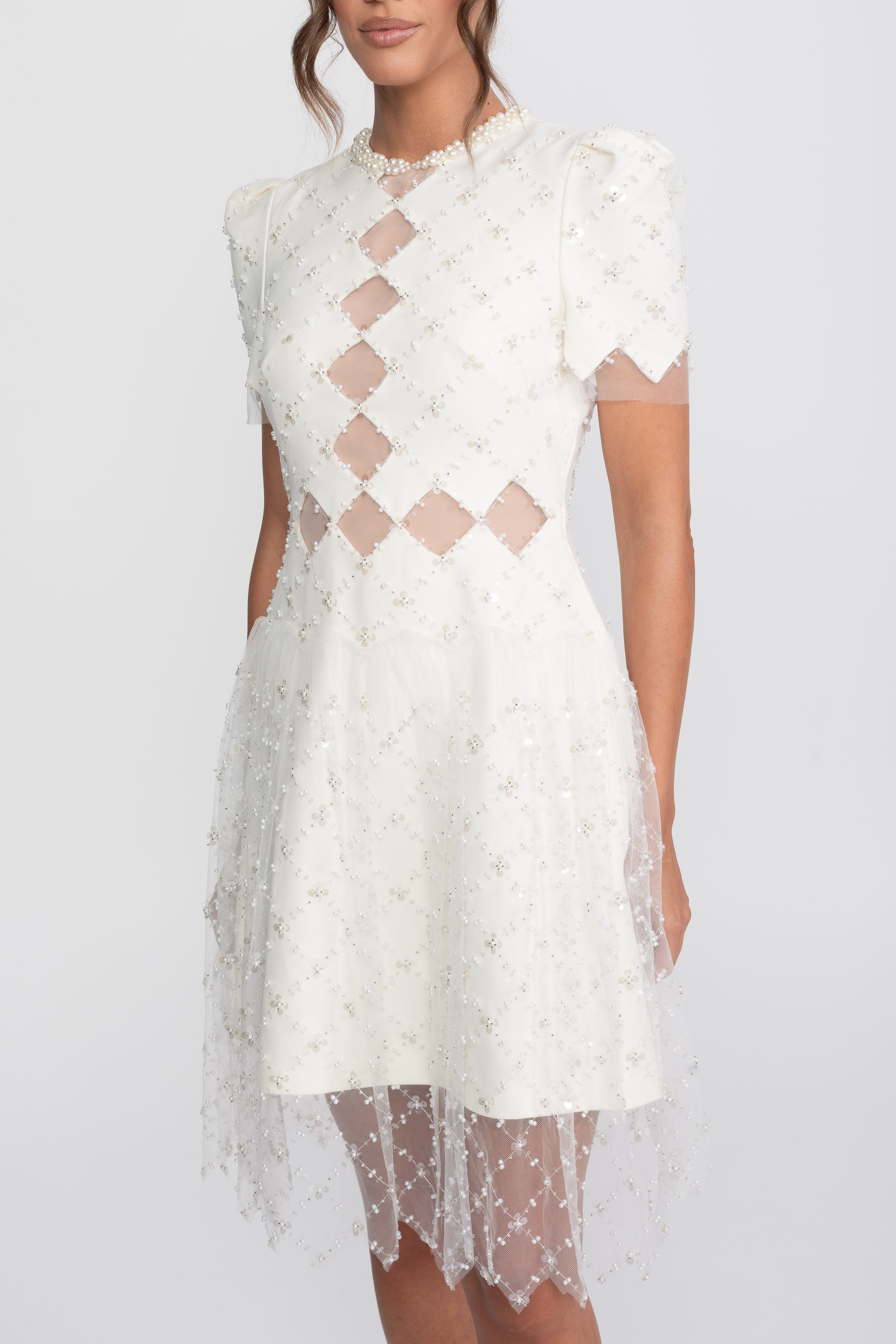 Diamond Cut-Out Beaded Dress With Pearl Trim - White