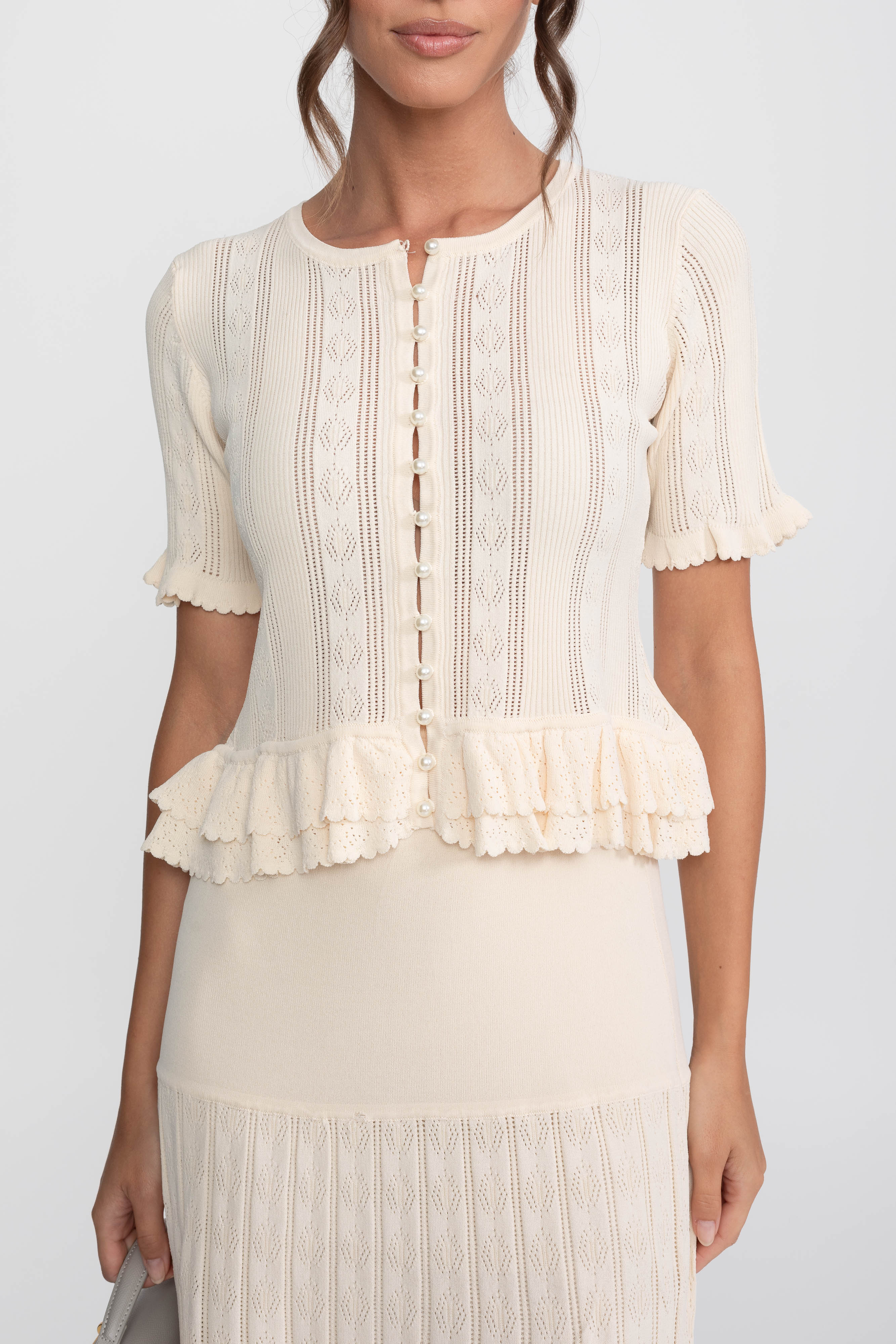Set coordonat din tricot, două piese, cu talie cu volane - Ivoire 