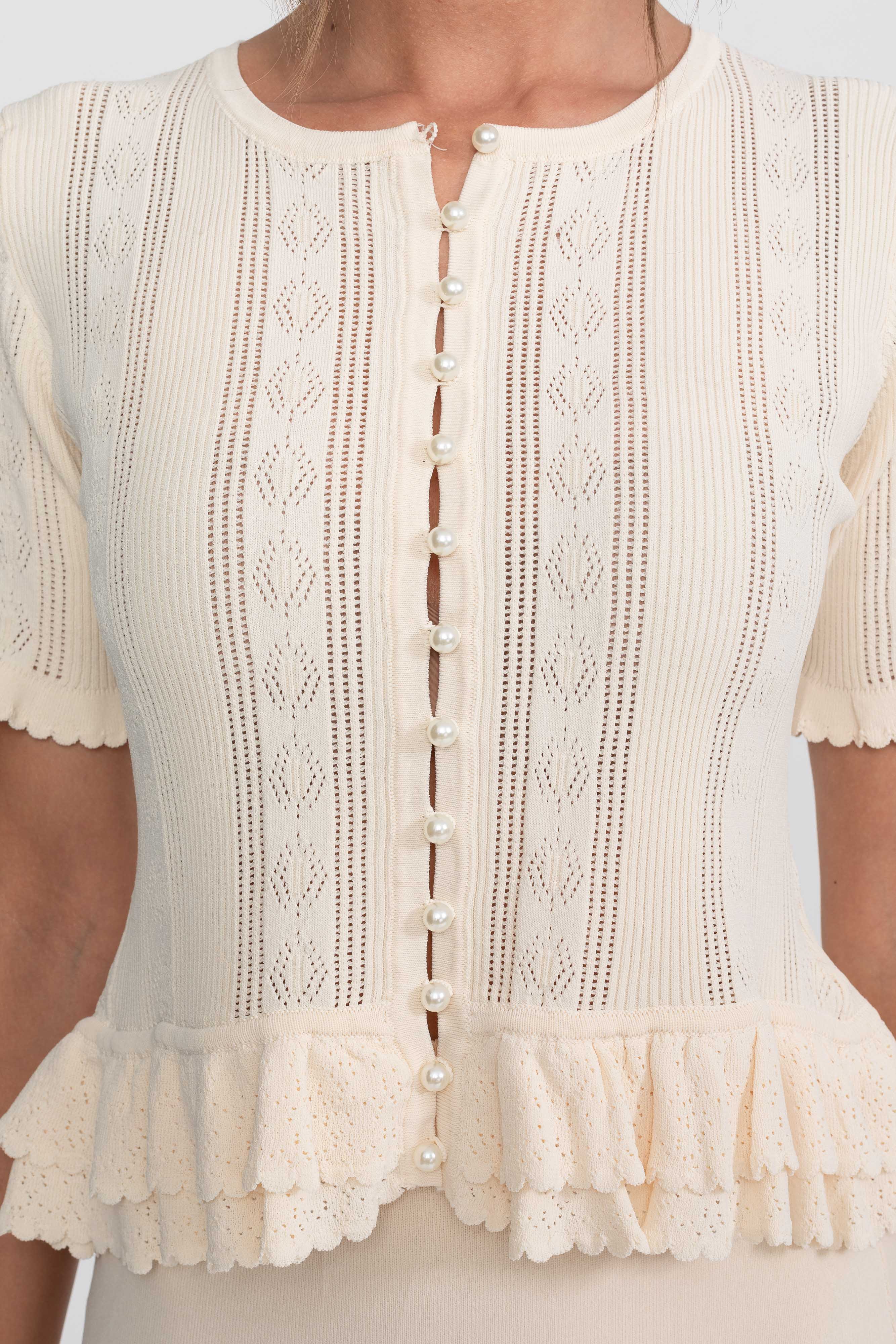 Set coordonat din tricot, două piese, cu talie cu volane - Ivoire 