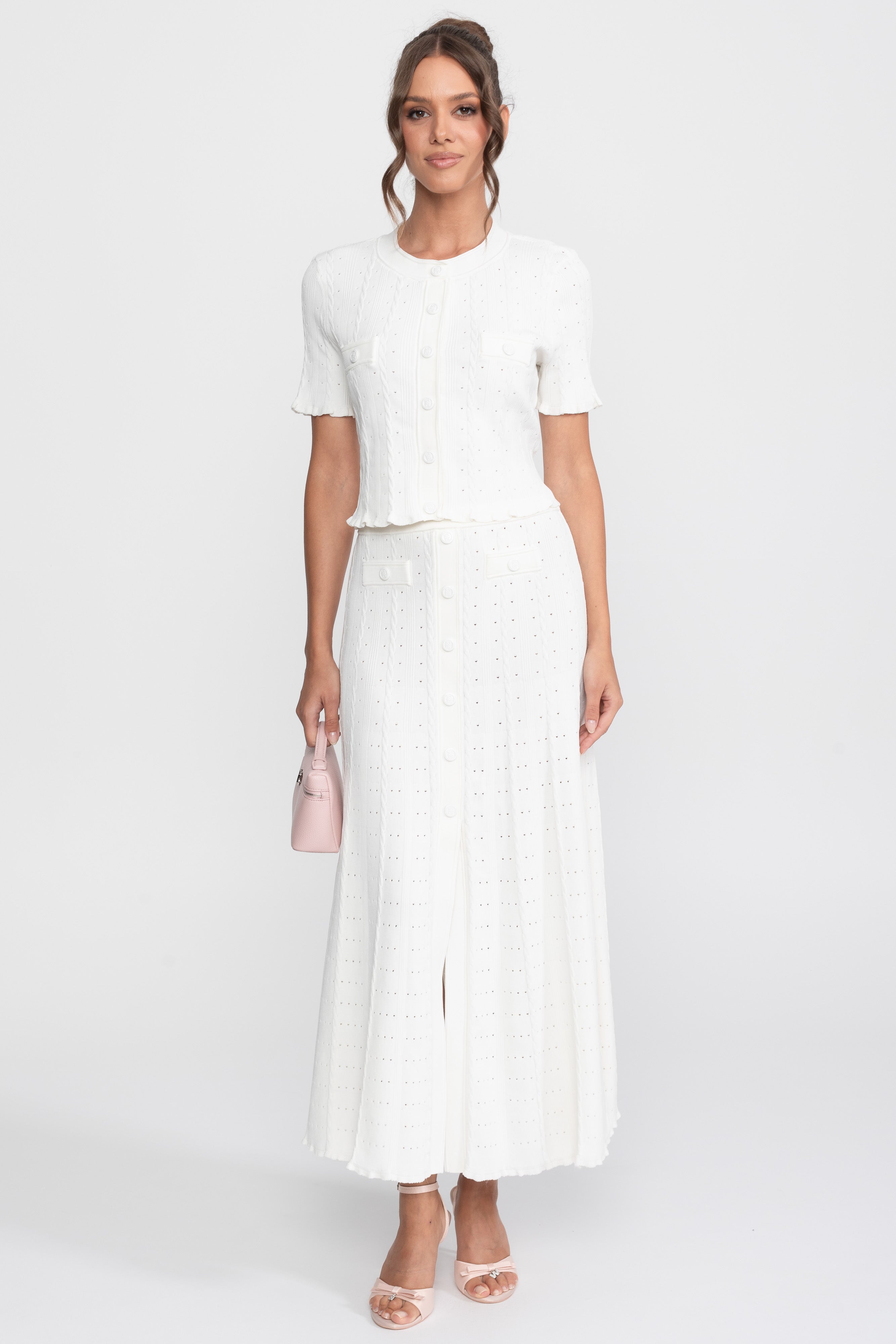 Set Co-Ord din tricot cu textură ribbed, cu cardigan cu închidere frontală cu nasturi și fustă maxi asortată - Alb 