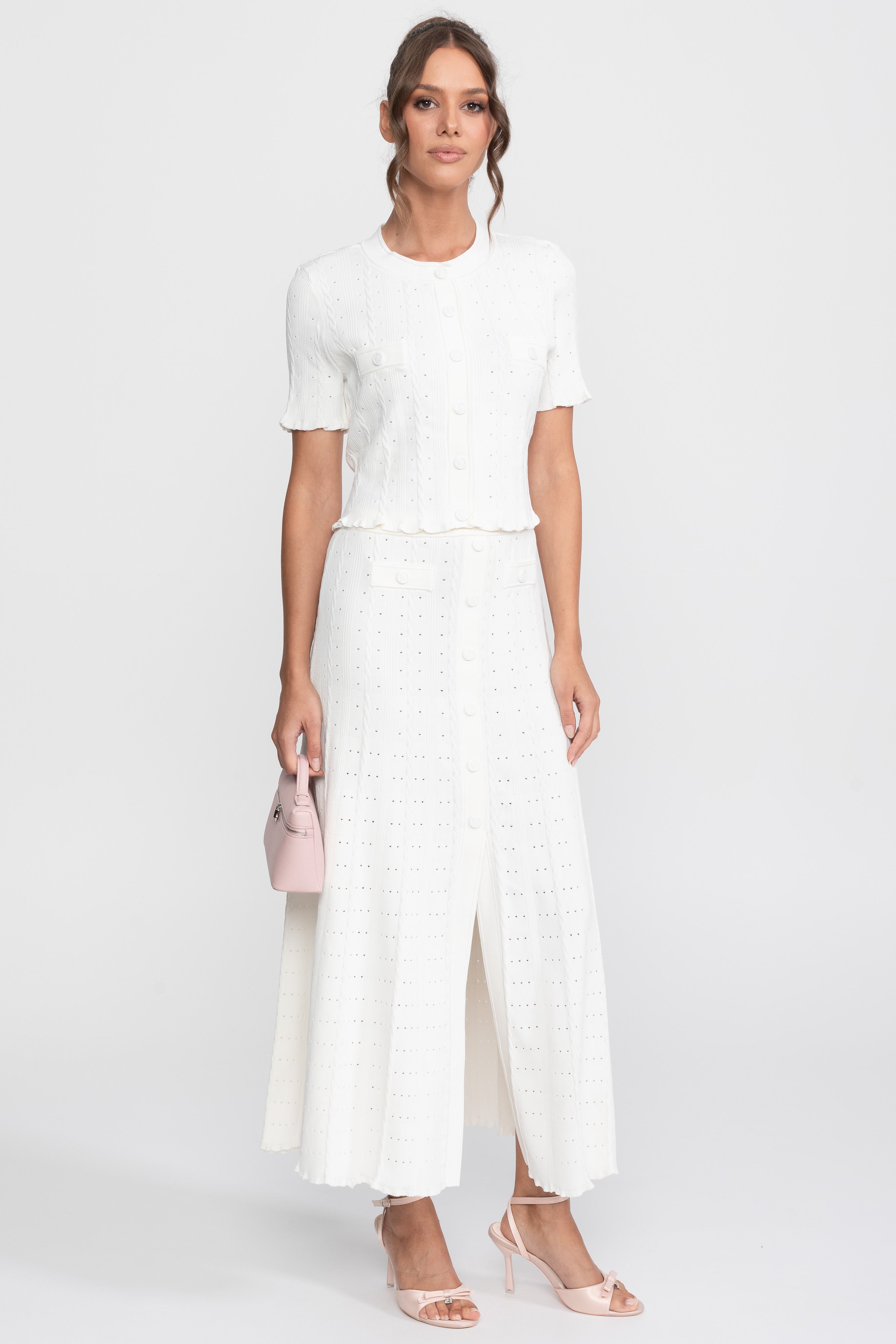 Set Co-Ord din tricot cu textură ribbed, cu cardigan cu închidere frontală cu nasturi și fustă maxi asortată - Alb 