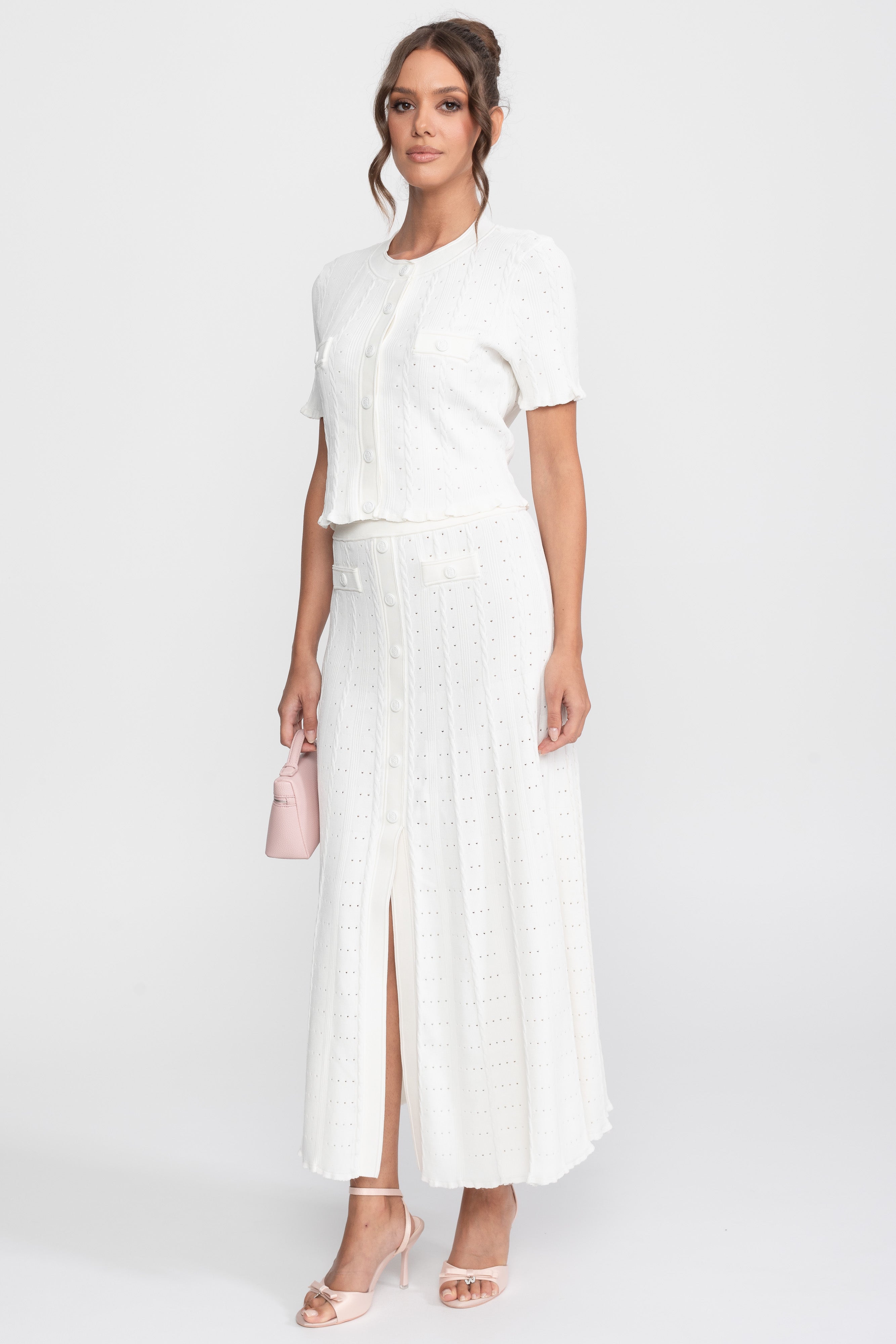 Set Co-Ord din tricot cu textură ribbed, cu cardigan cu închidere frontală cu nasturi și fustă maxi asortată - Alb 