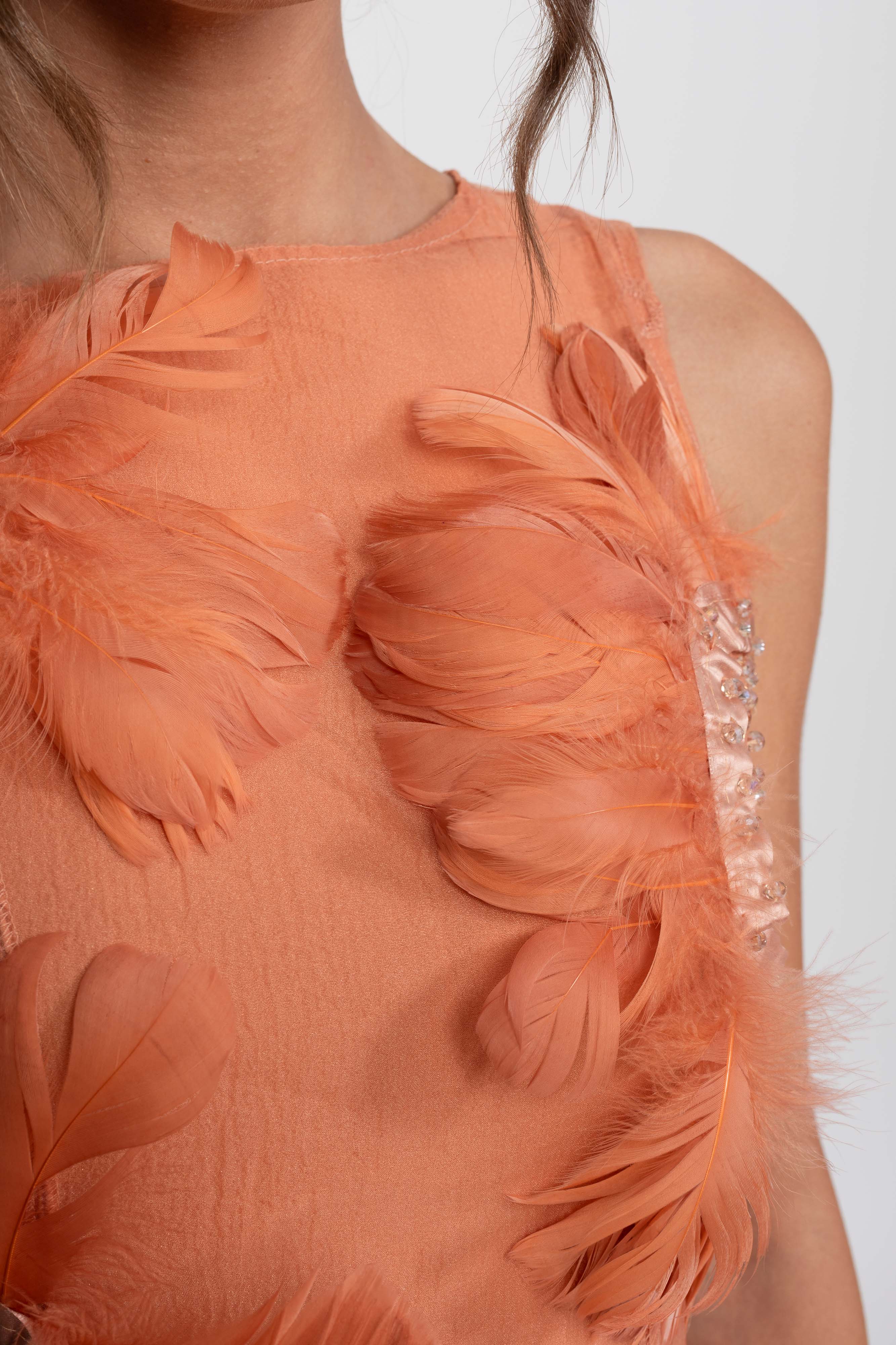 3D Feather Applique Peplum Mini Dress With Crystal Beads - Orange