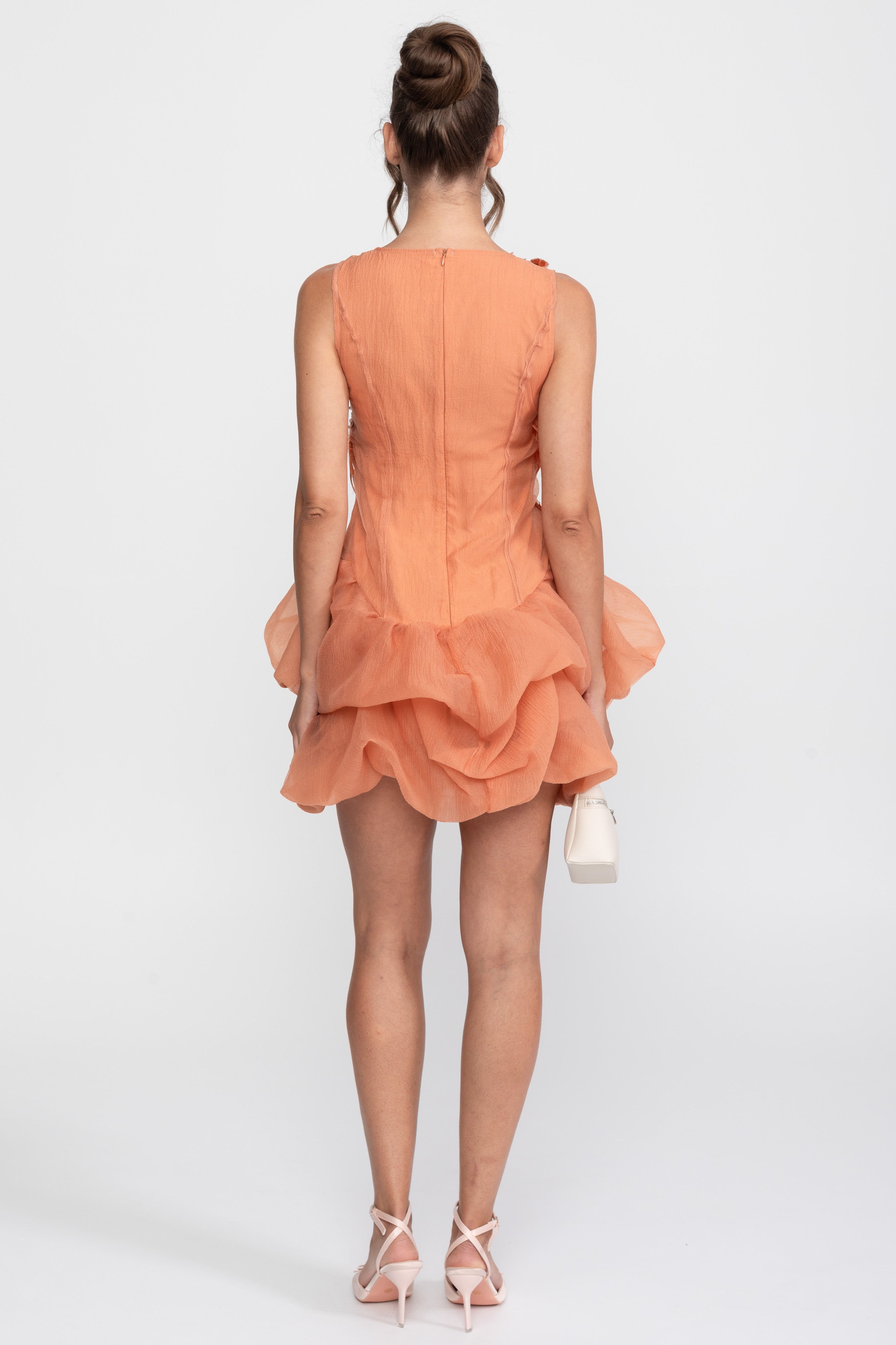 3D Feather Applique Peplum Mini Dress With Crystal Beads - Orange