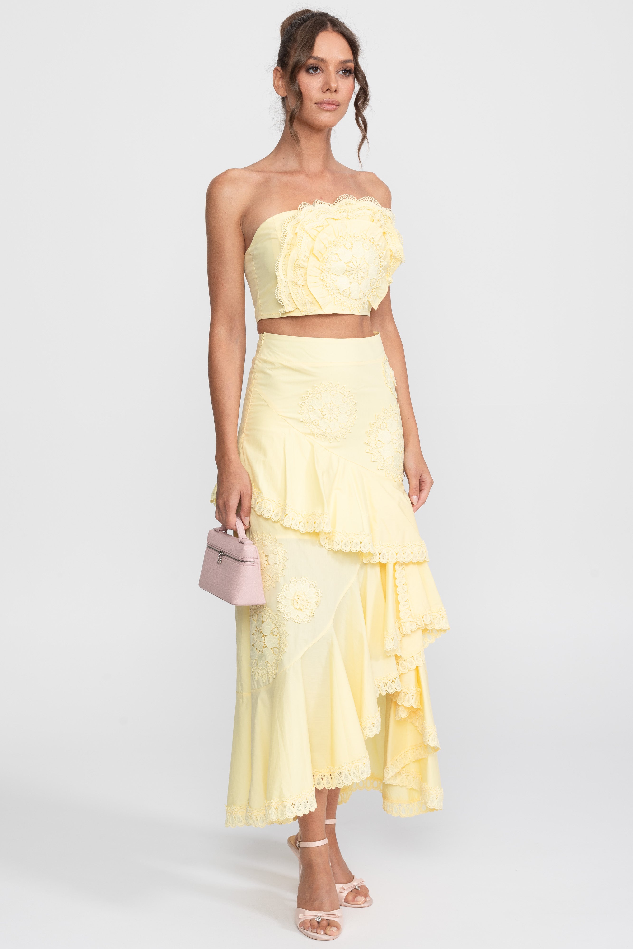 Crochet Medallion Two-Piece Set With Ruffled Maxi Skirt - Yellow