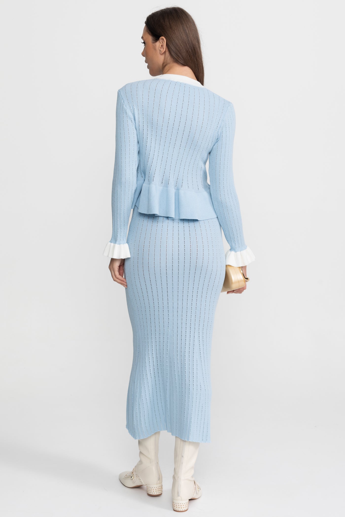 Set midi tricotat pointelle cu detalii contrastante – Albastru deschis 