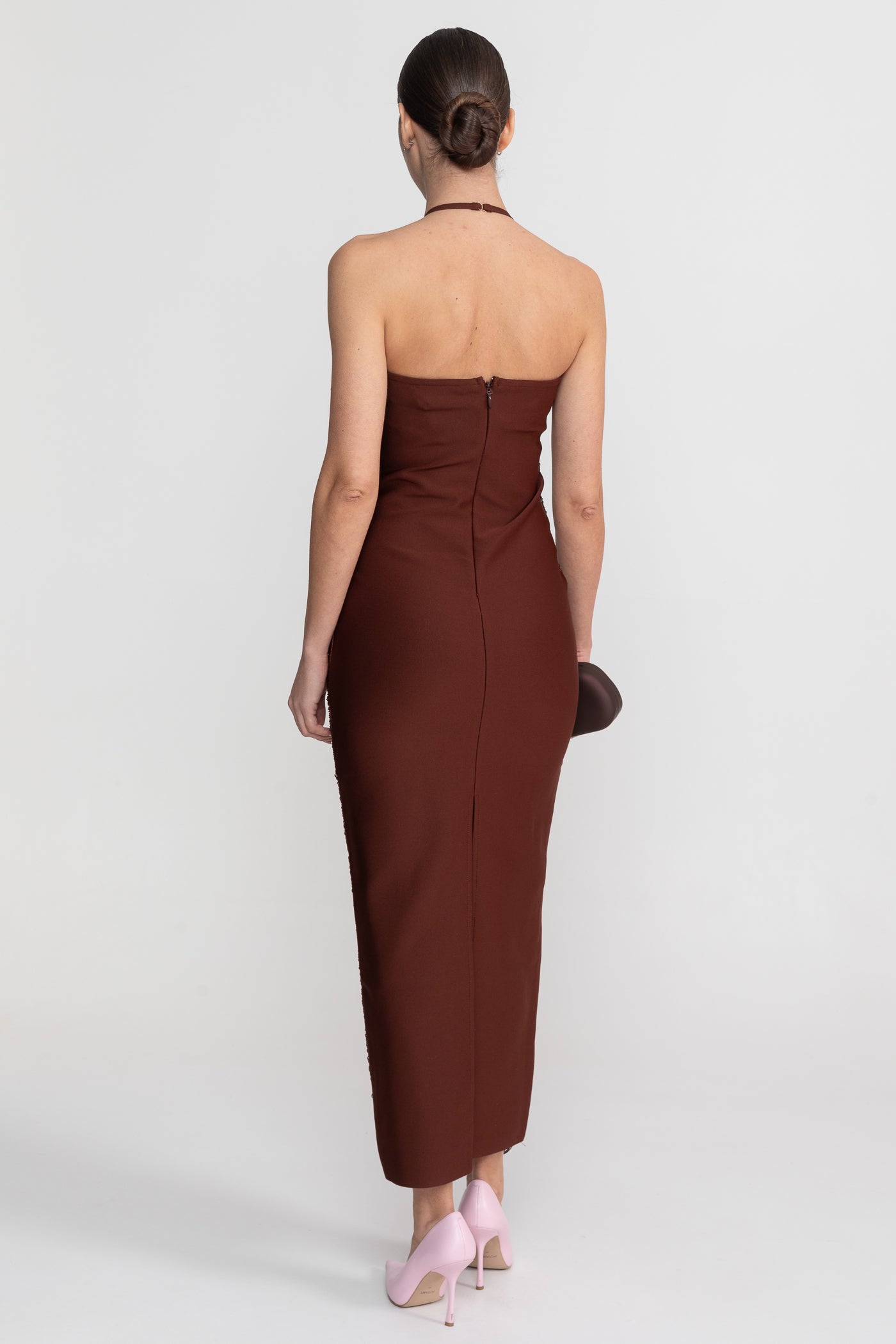 Halter Neck Midi Dress With All-Over Pleated Texture - Brown