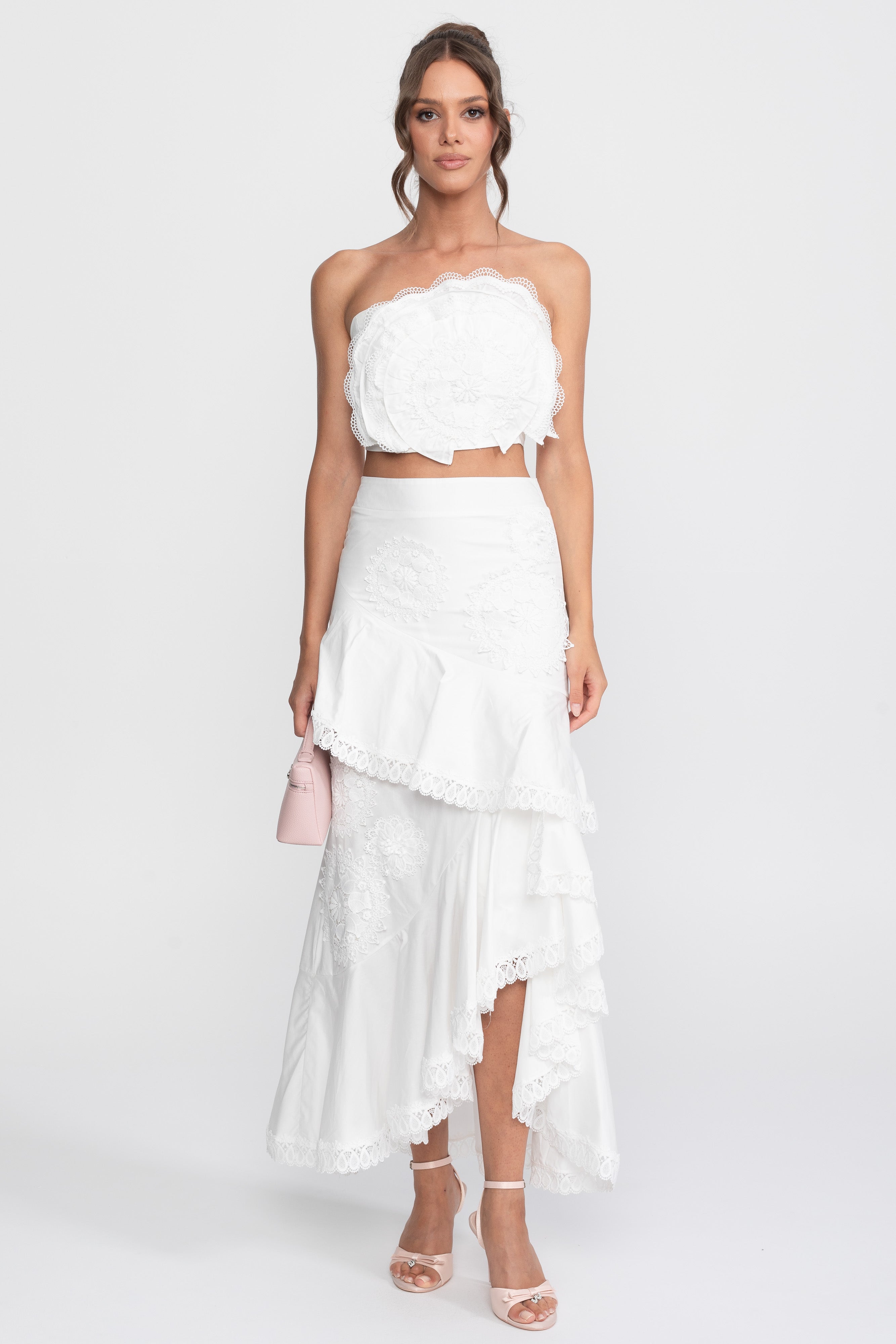 Crochet Medallion Two-Piece Set With Ruffled Maxi Skirt - White