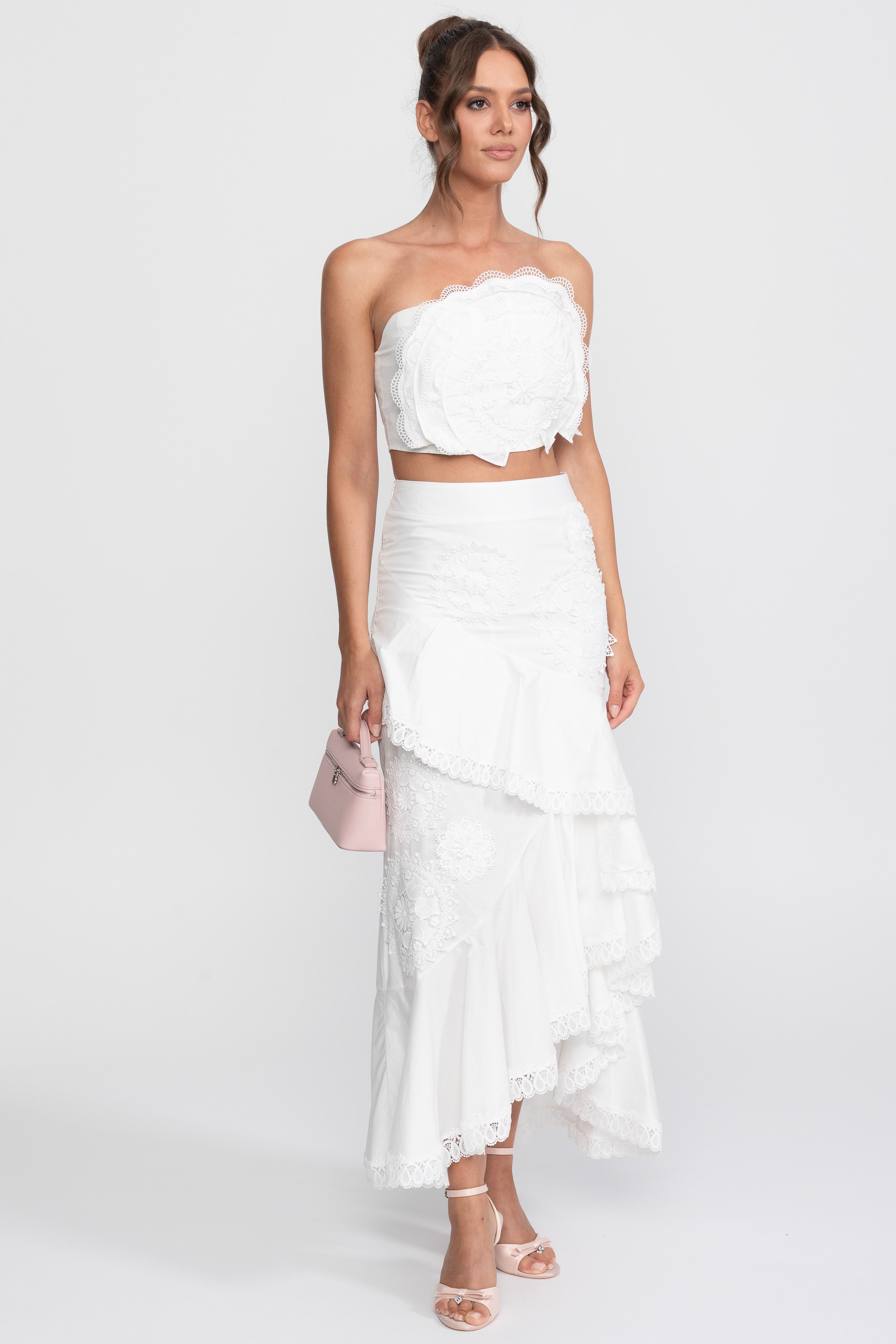 Crochet Medallion Two-Piece Set With Ruffled Maxi Skirt - White