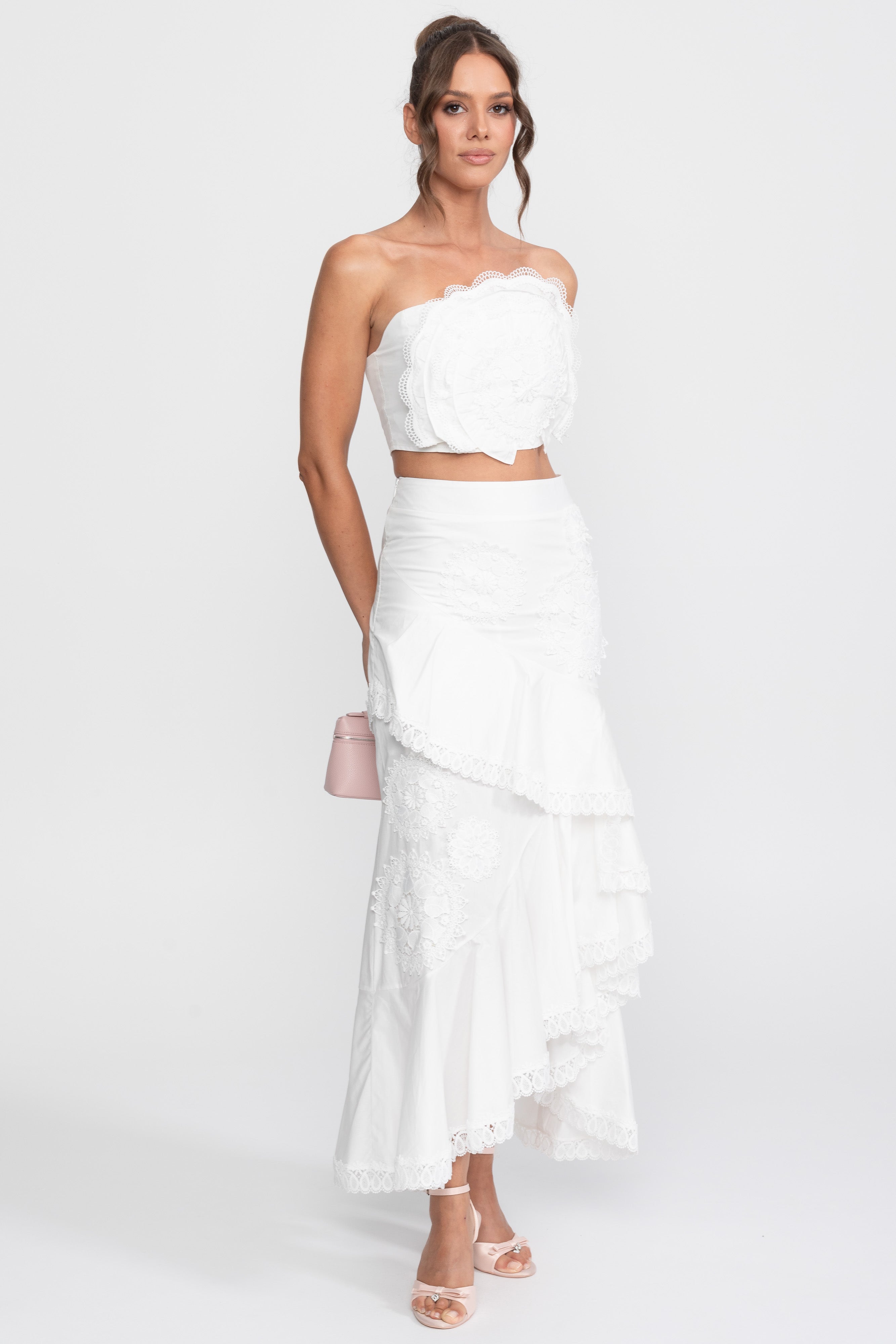 Crochet Medallion Two-Piece Set With Ruffled Maxi Skirt - White