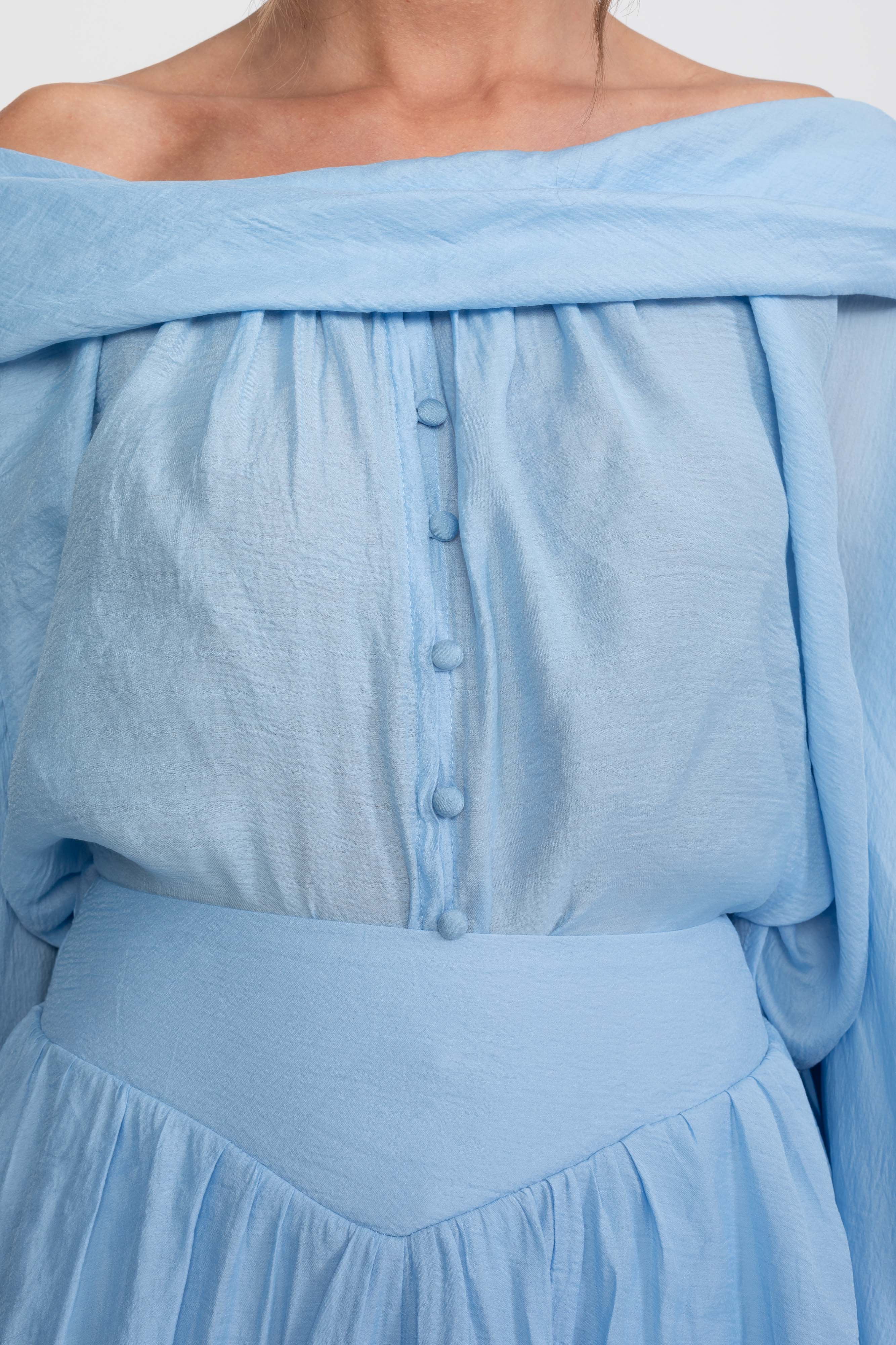 Off-Shoulder Ruffle Hem Mini Dress With Long Sleeves - Light Blue