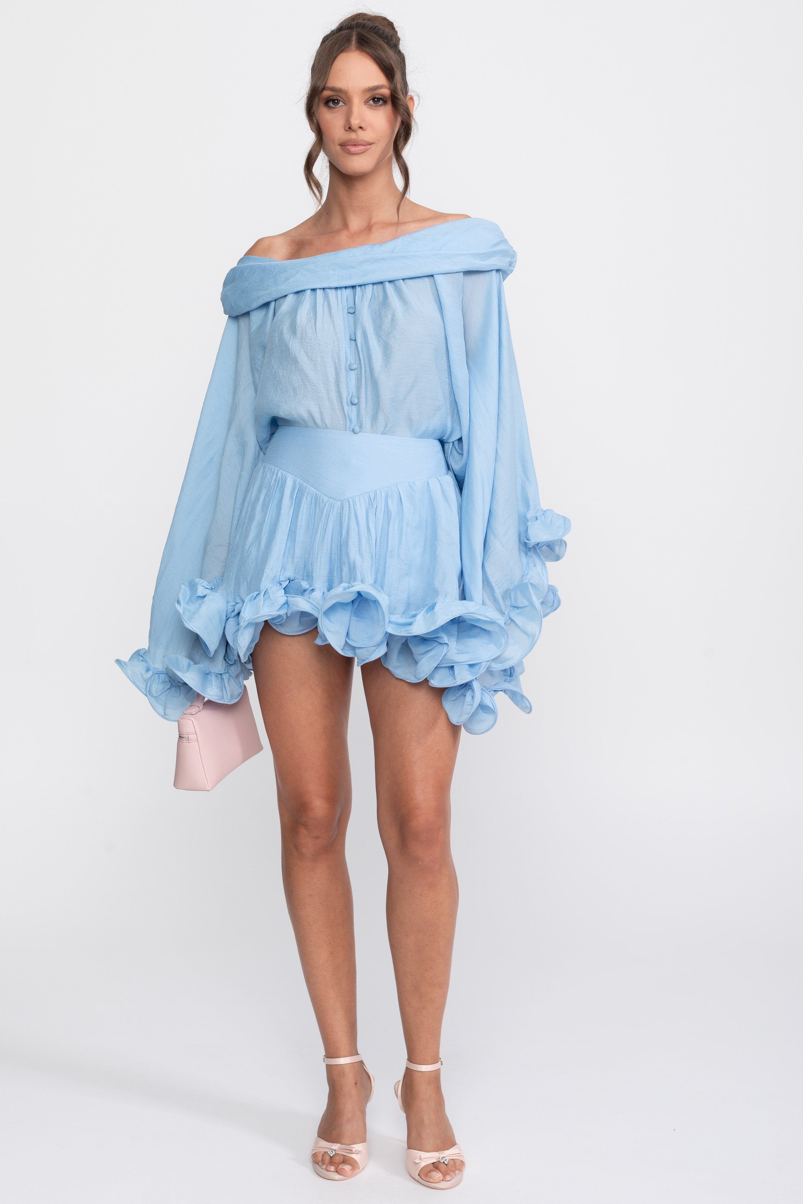 Off-Shoulder Ruffle Hem Mini Dress With Long Sleeves - Light Blue