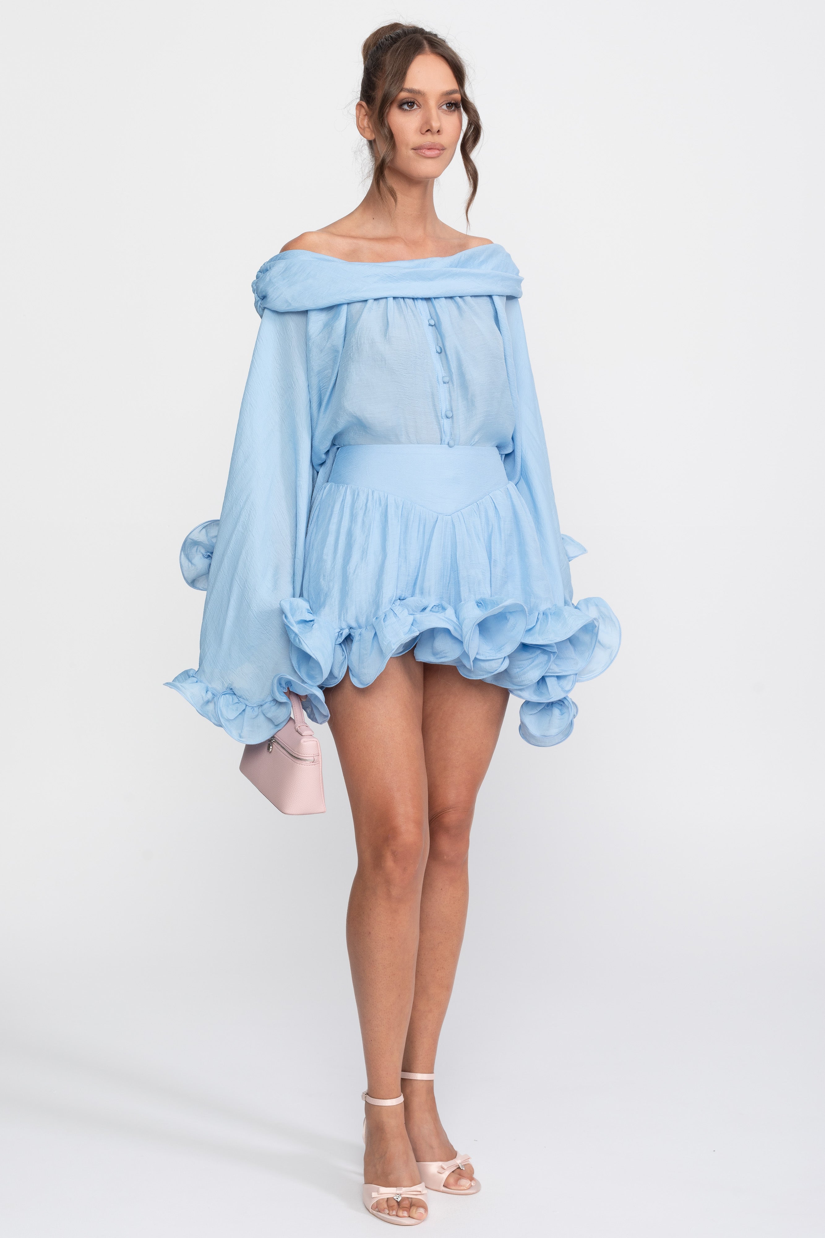 Off-Shoulder Ruffle Hem Mini Dress With Long Sleeves - Light Blue