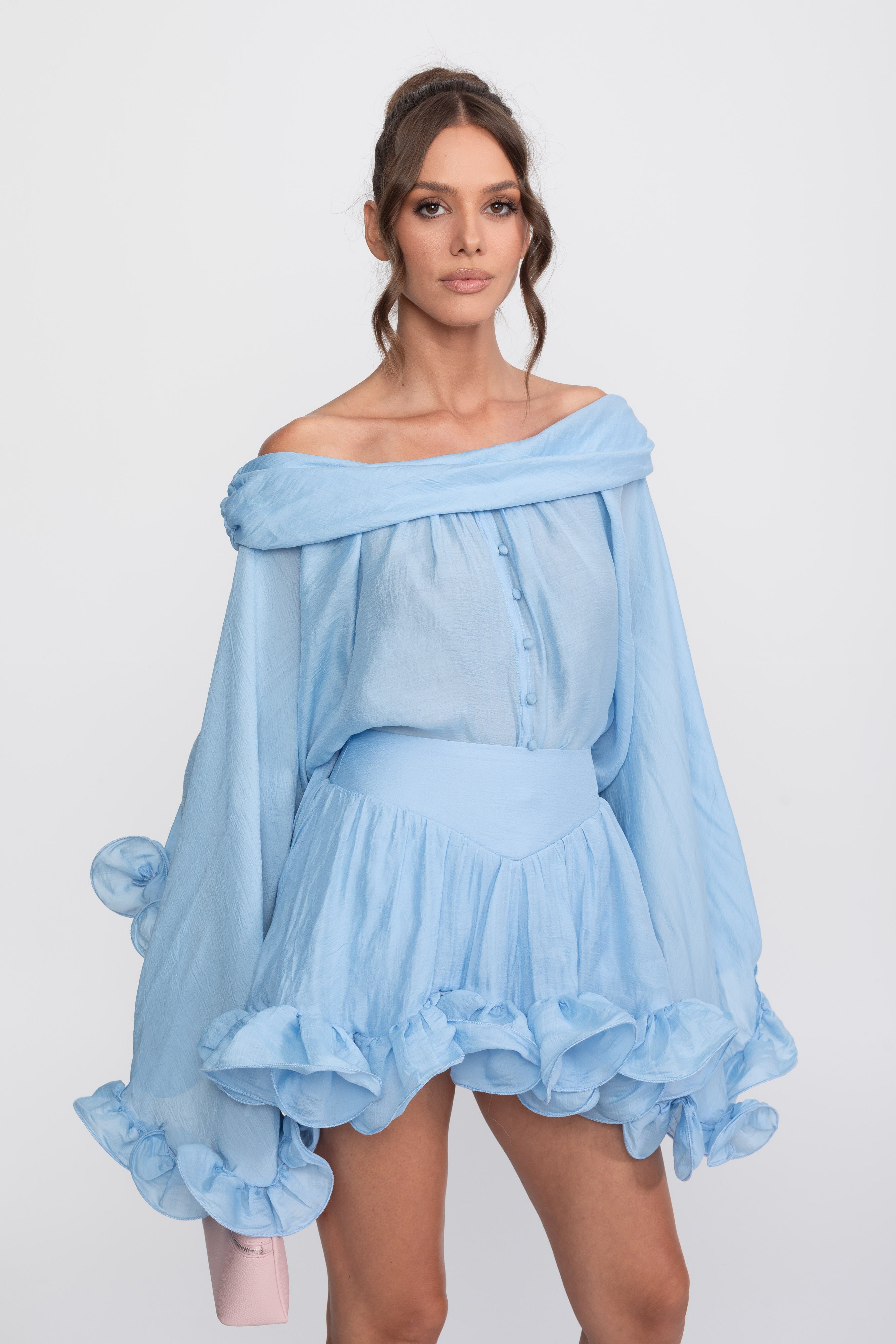 Off-Shoulder Ruffle Hem Mini Dress With Long Sleeves - Light Blue