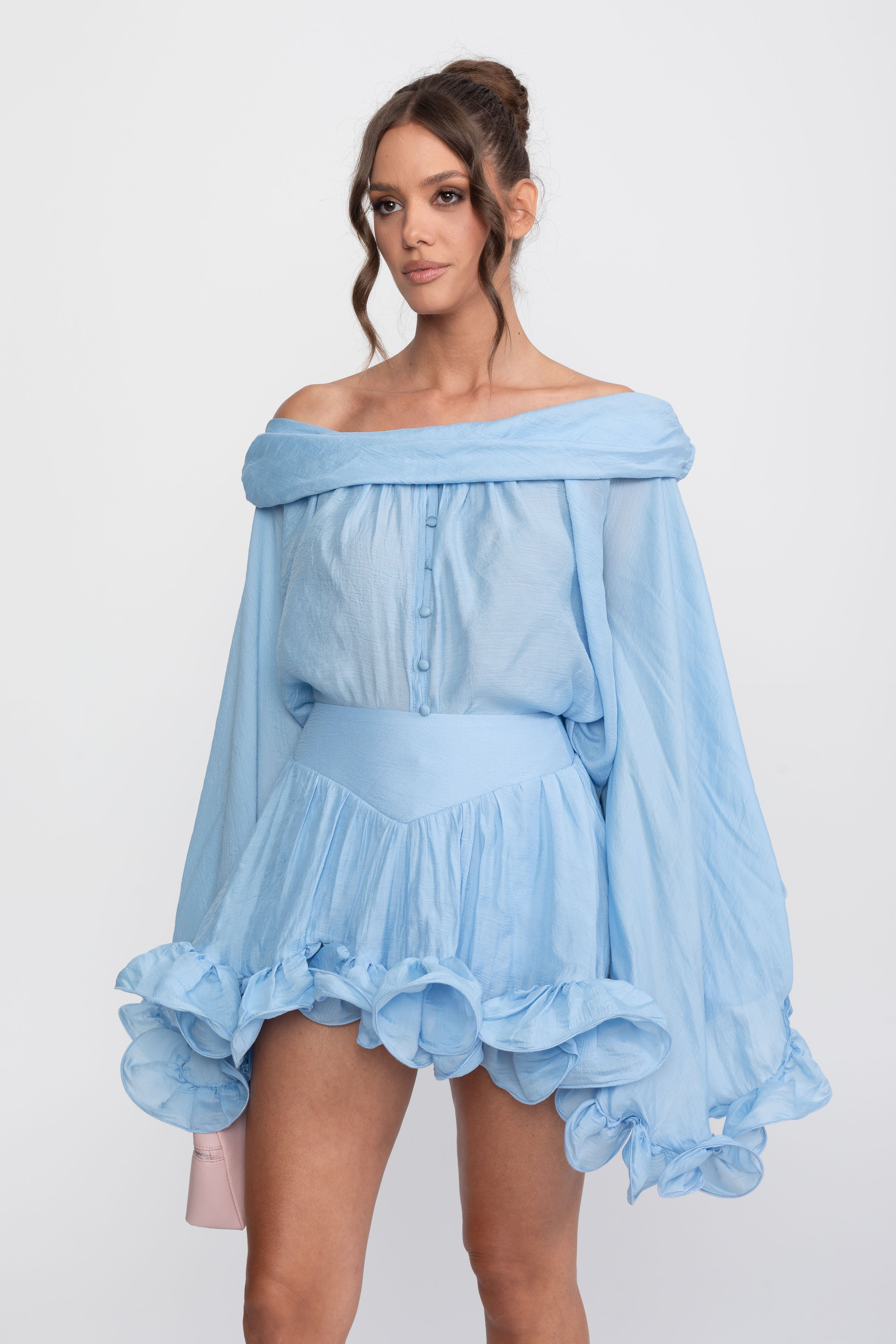Off-Shoulder Ruffle Hem Mini Dress With Long Sleeves - Light Blue
