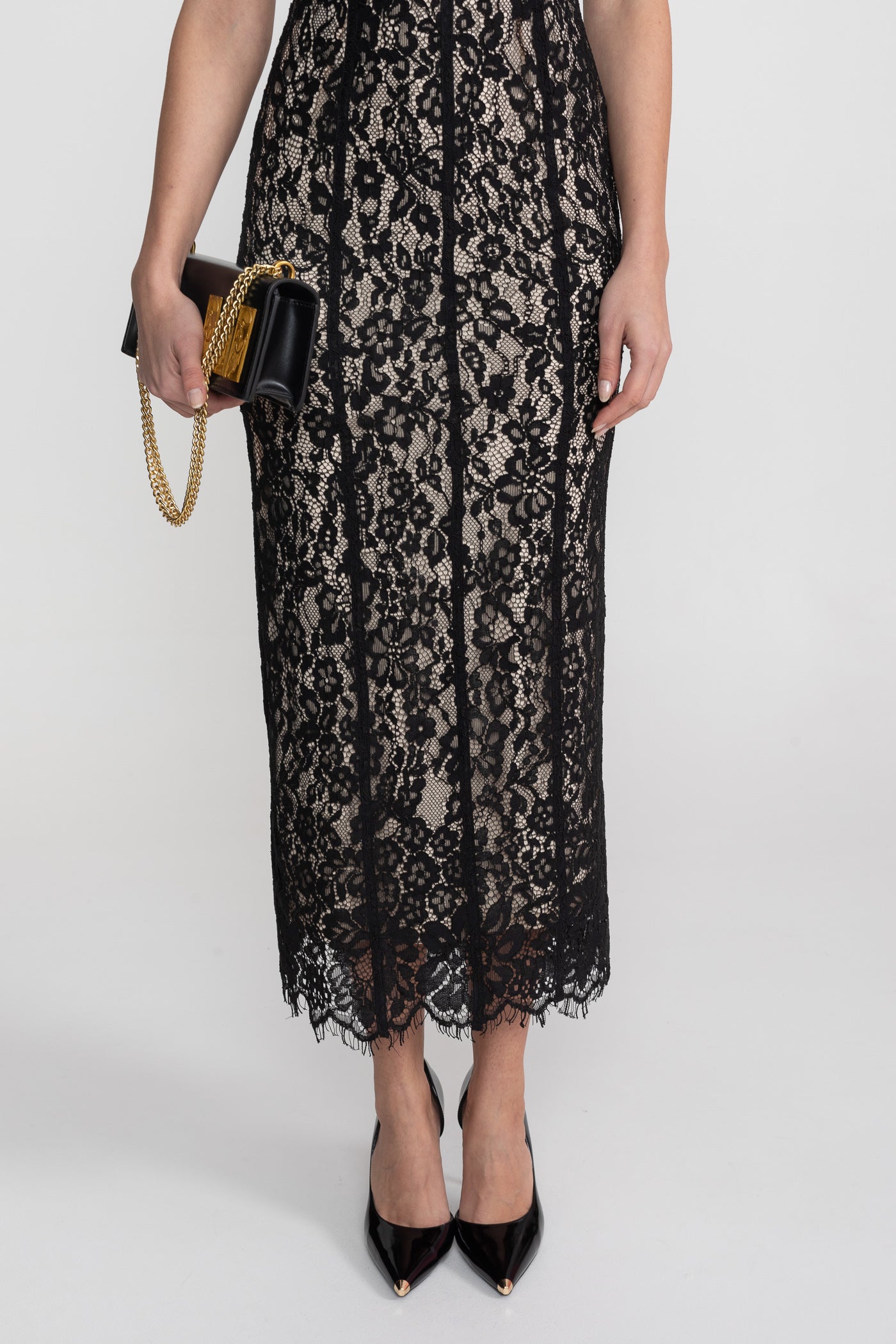 Rochie midi din dantelă cu corset transparent - Negru 