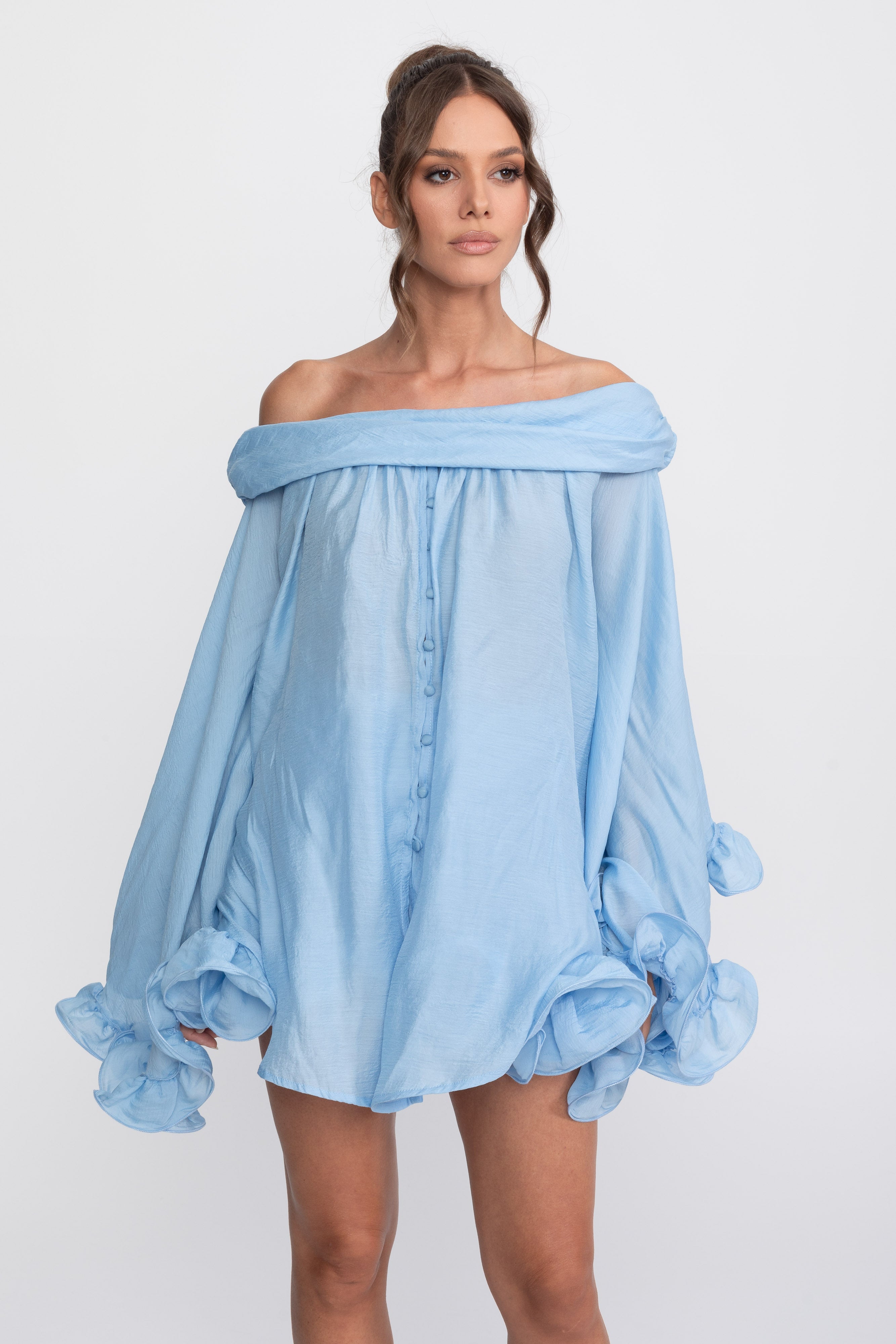 Off-Shoulder Ruffle Hem Mini Dress With Long Sleeves - Light Blue
