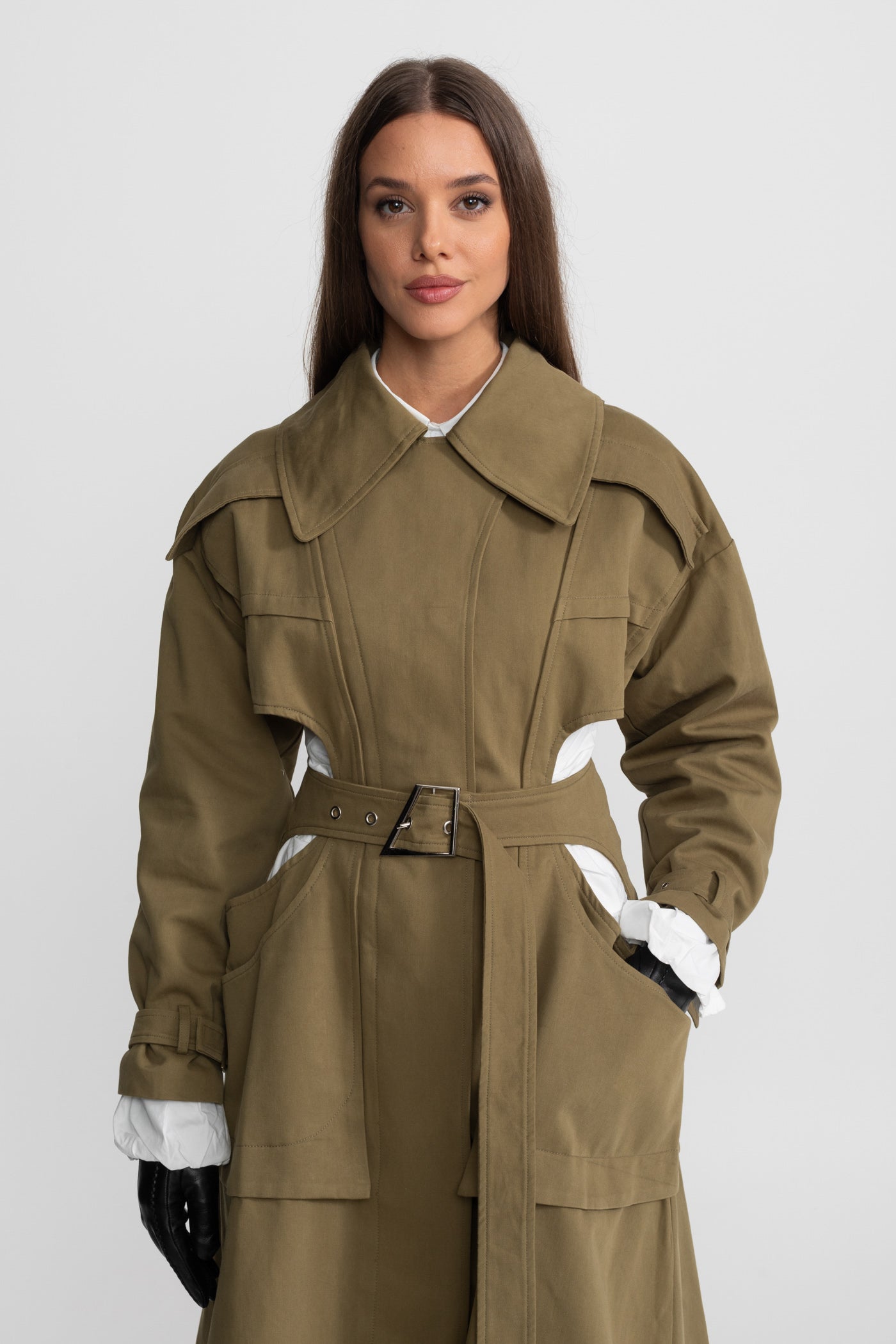 Cutout Trench Coat with Belted Waist and Utility Pockets - Khaki