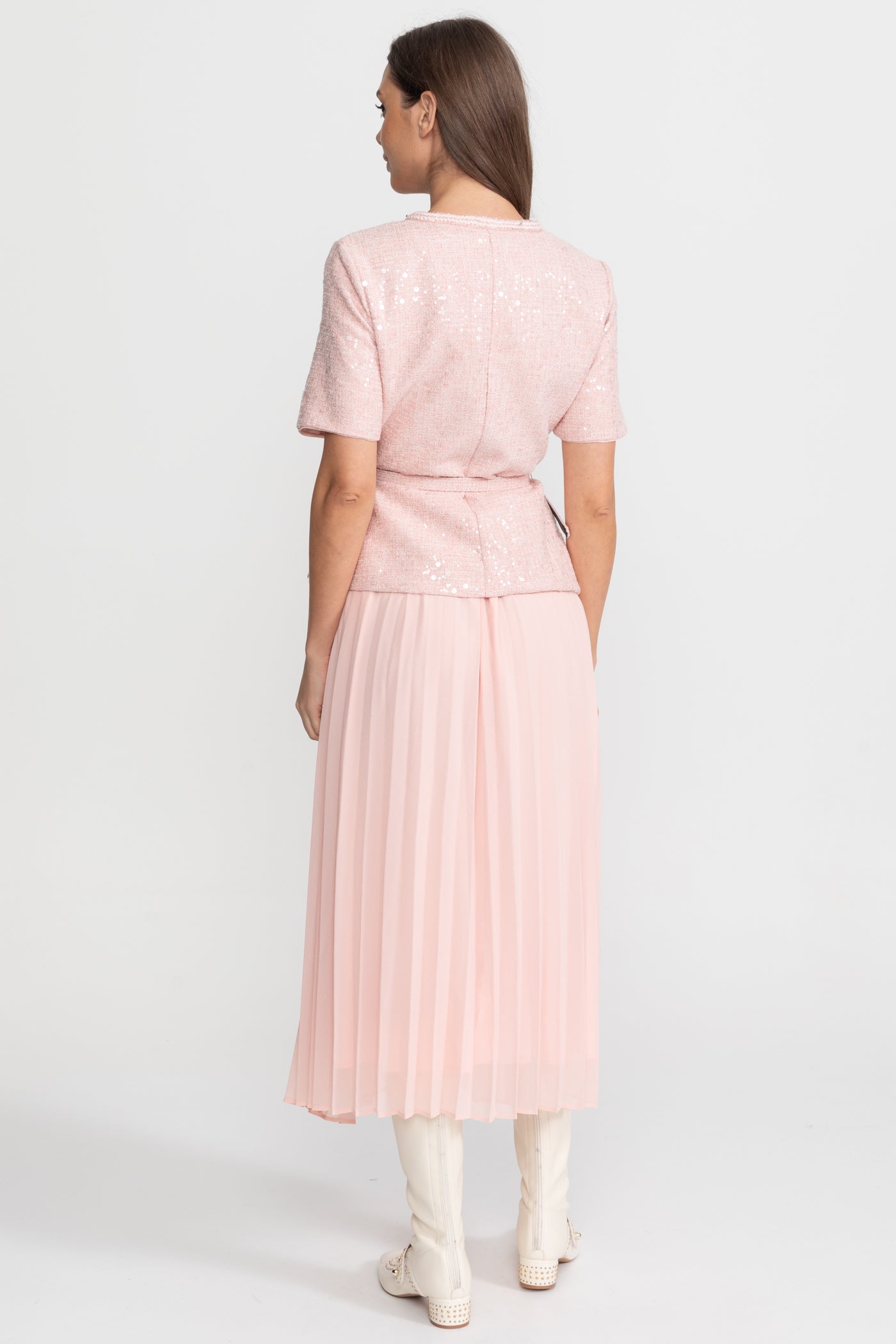 Rochie Midi din Tweed Împodobită cu Fustă Plisată din Șifon – Blush Pink 