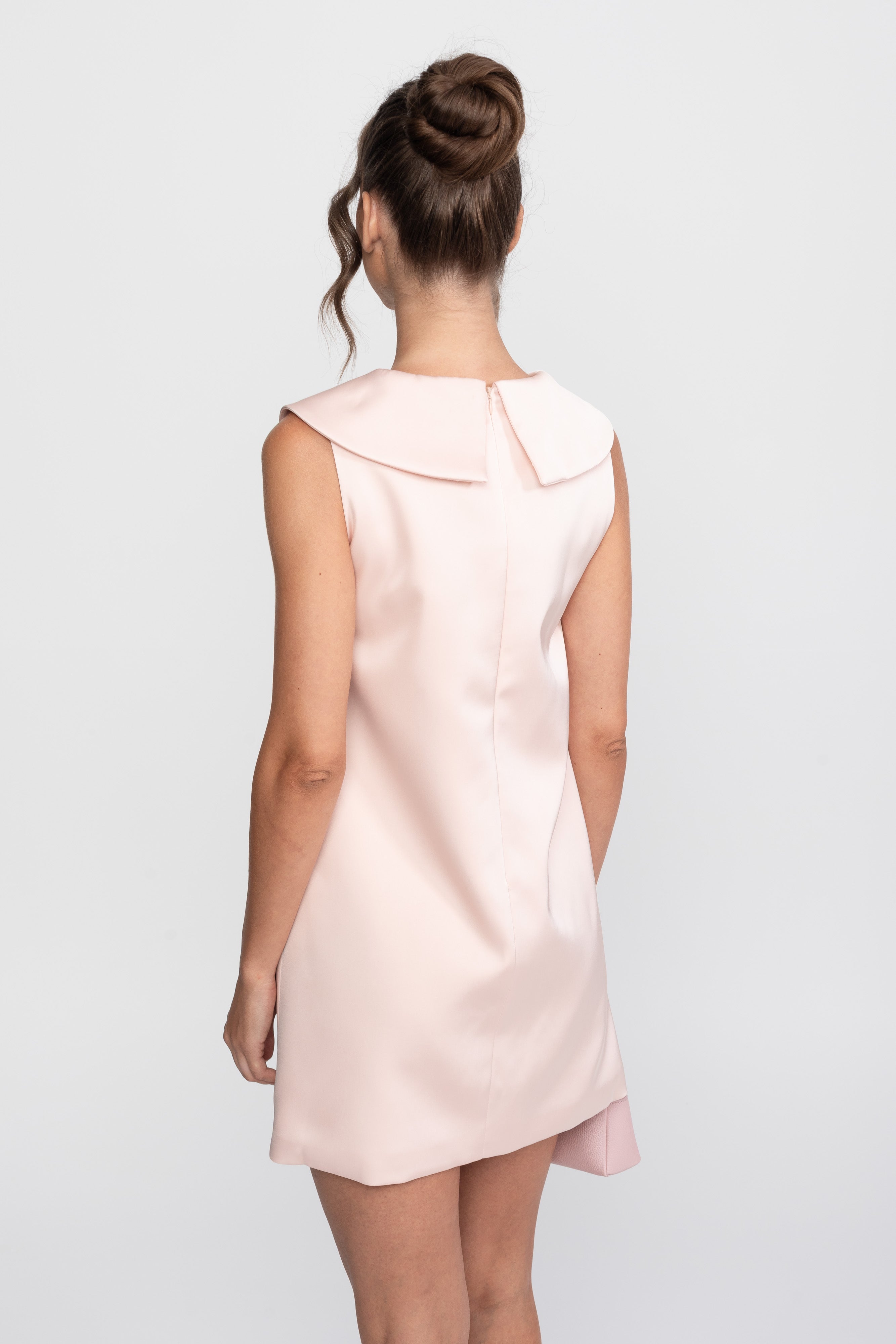 Sailor Collar Satin Mini Dress With Tie Neck - Pink