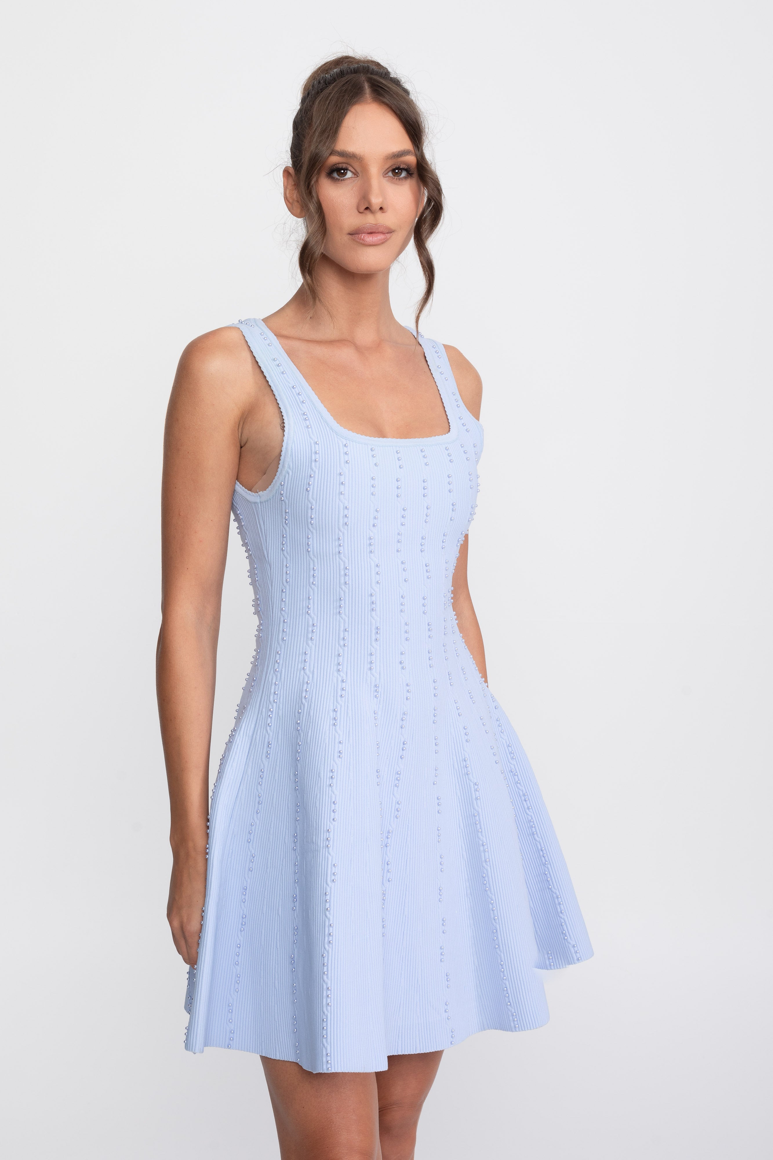 Pearl Beaded Ribbed Mini Dress With Square Neck - Light Blue