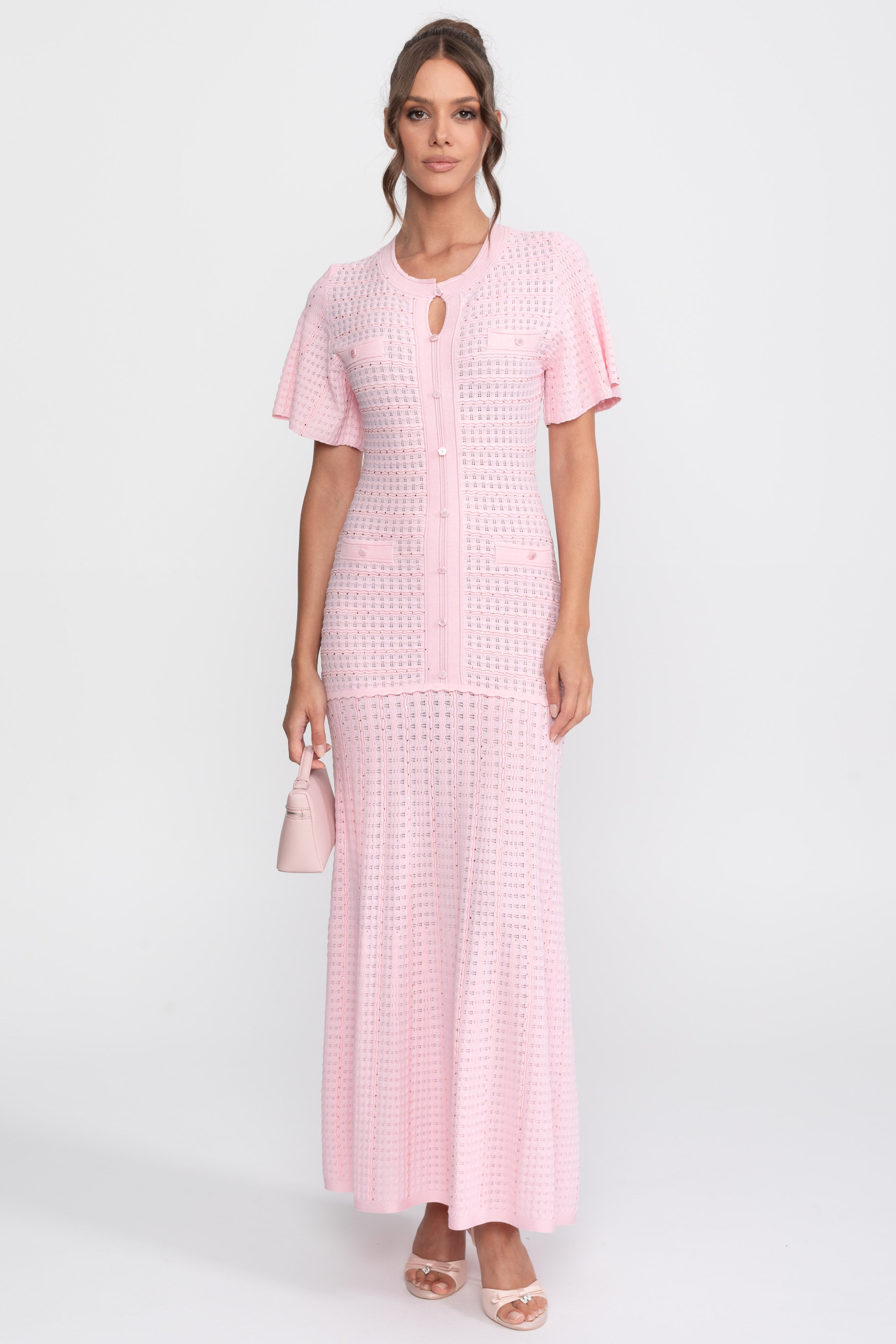 Short Sleeve Midi Dress With Shimmer Knit Texture - Pink