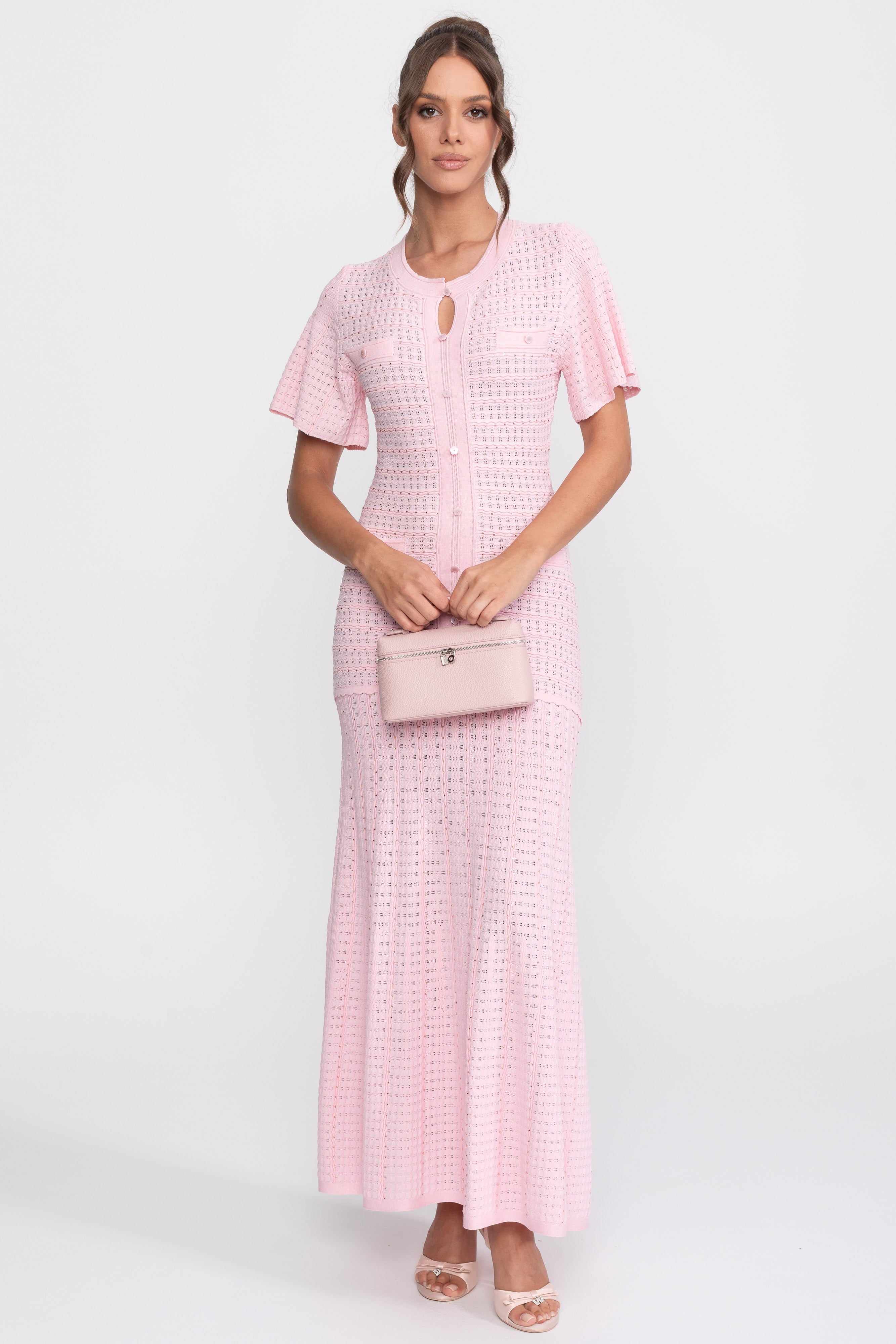 Short Sleeve Midi Dress With Shimmer Knit Texture - Pink