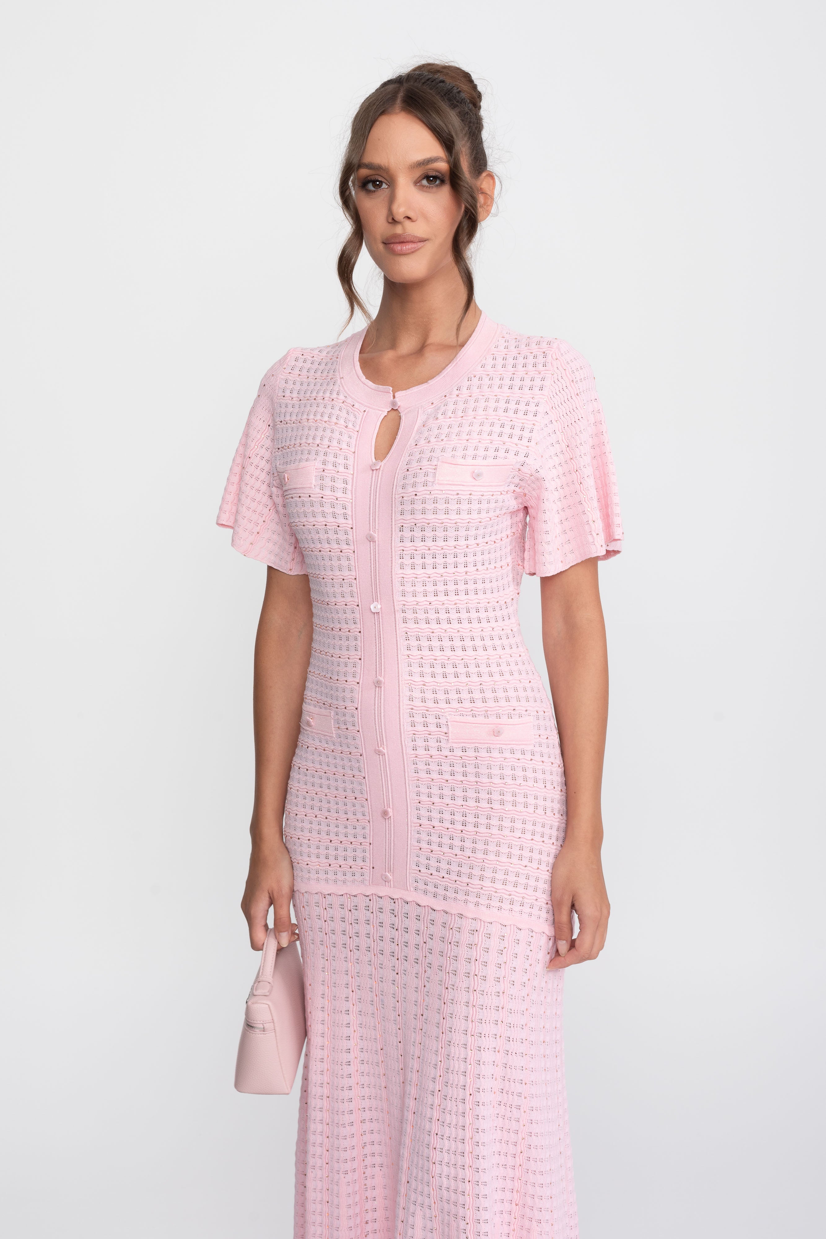 Rochie midi cu mânecă scurtă și textură tricotată cu efect strălucitor - roz 