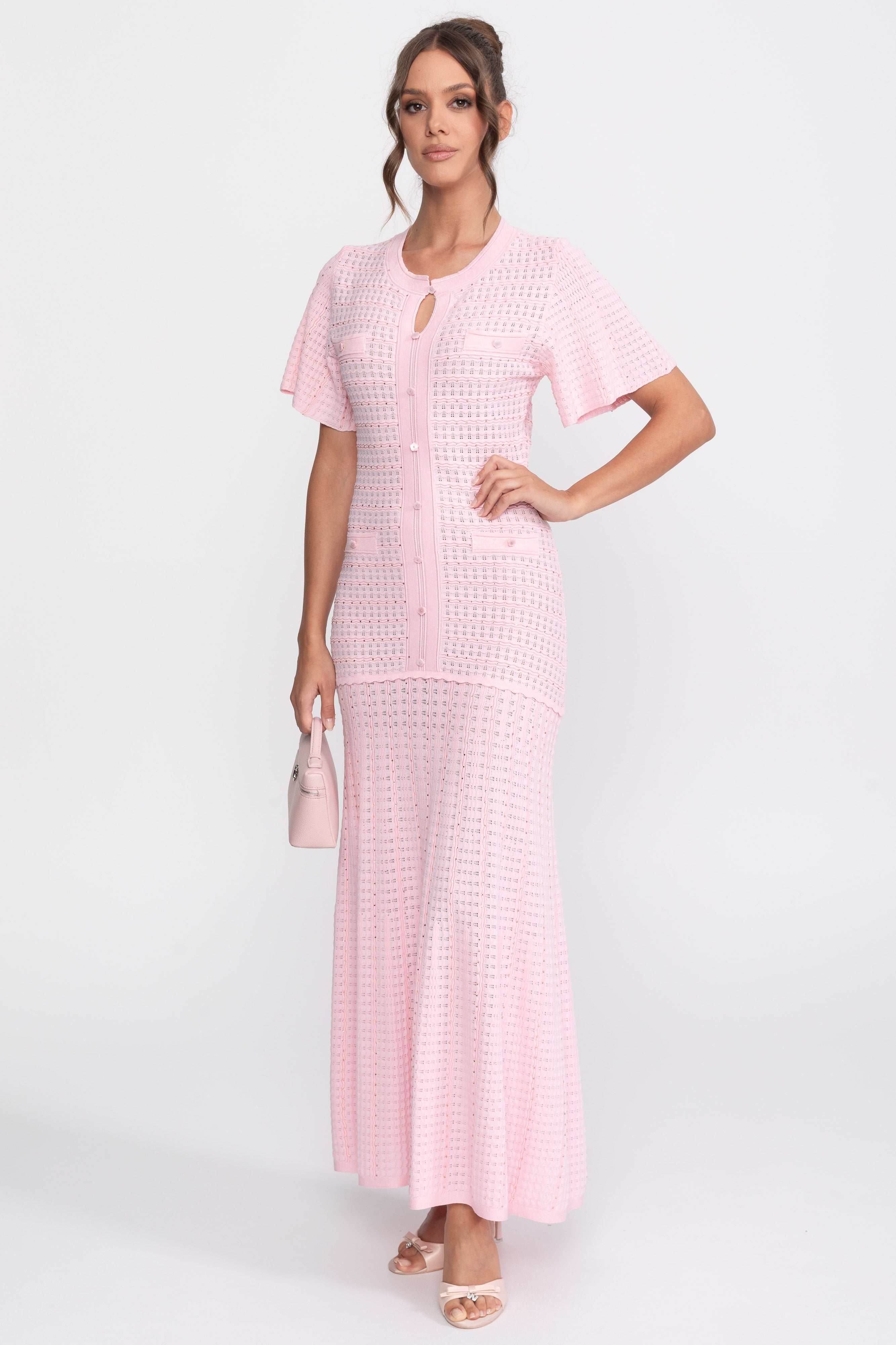 Rochie midi cu mânecă scurtă și textură tricotată cu efect strălucitor - roz 