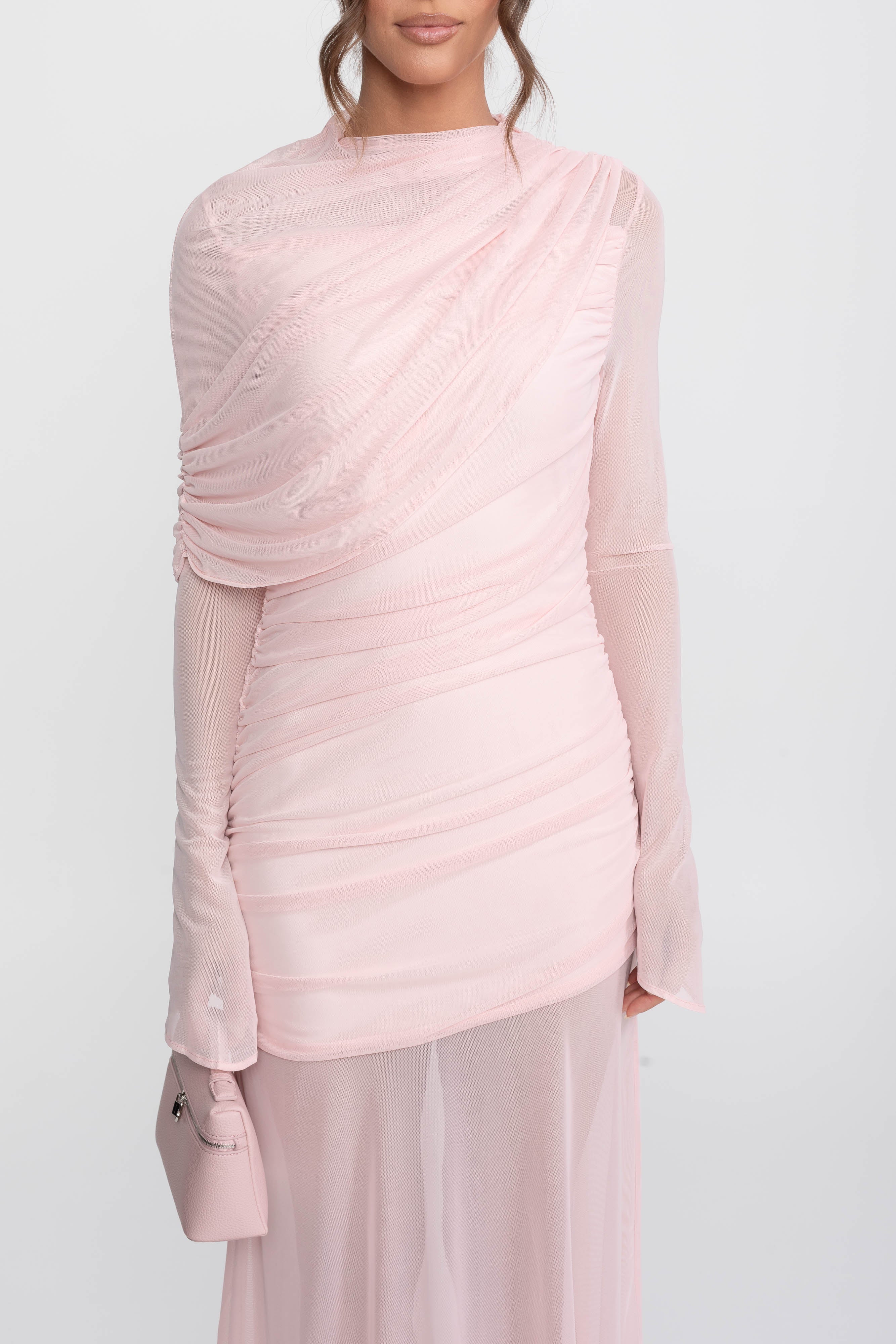 Draped Shoulder Maxi Dress With Sheer Skirt - Pink