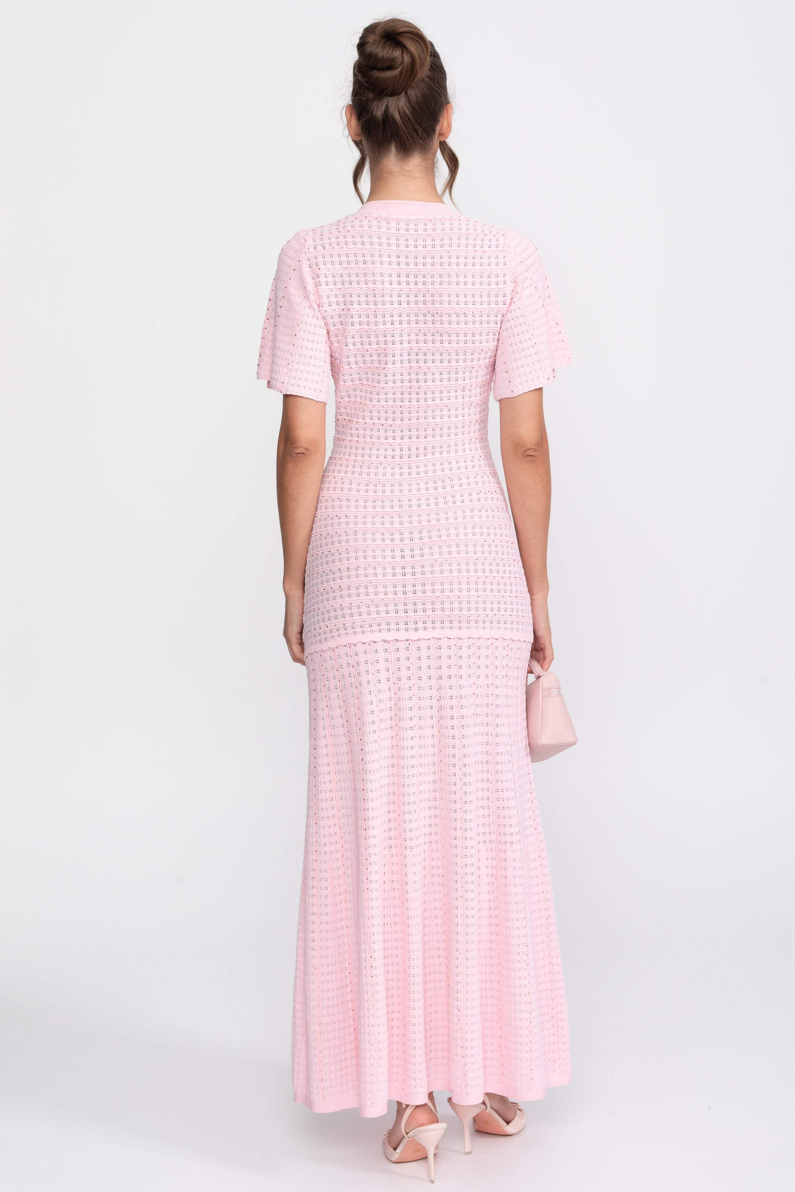 Rochie midi cu mânecă scurtă și textură tricotată cu efect strălucitor - roz 