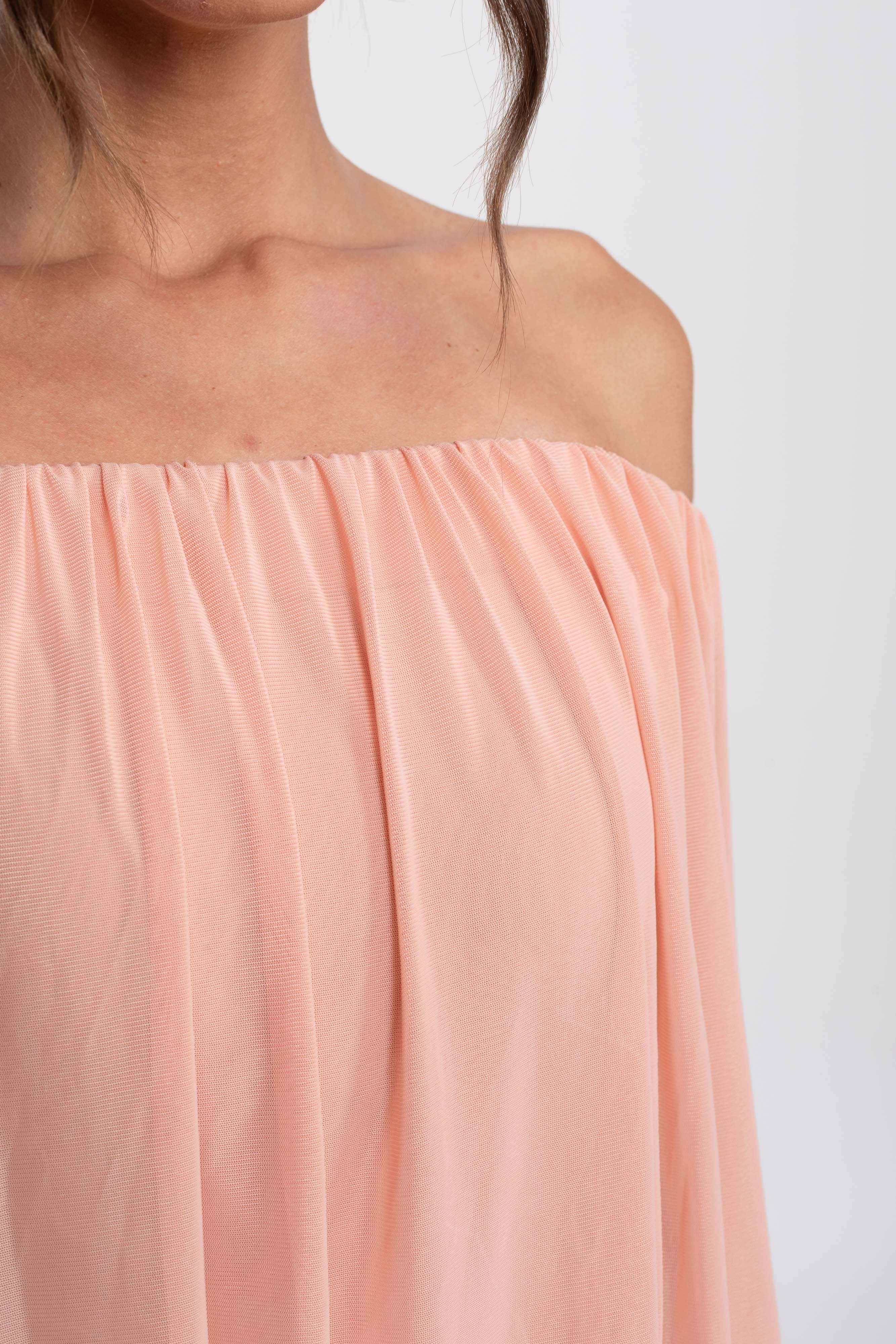 Off-Shoulder Ruched Wrap Mini Dress With Tie Waist - Peach