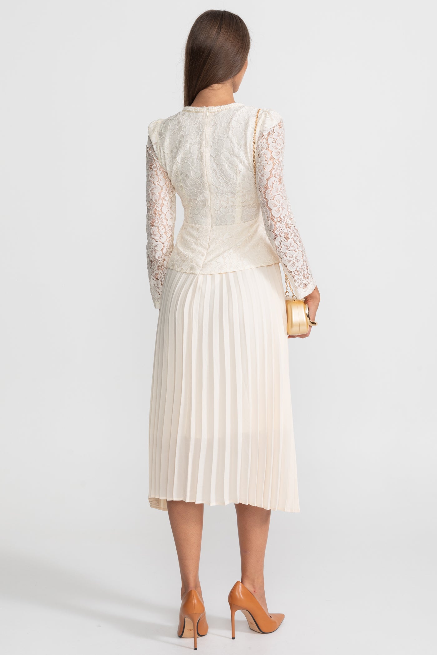 Lace and Pleated Midi Dress with Gold Button Detailing - Ivoire