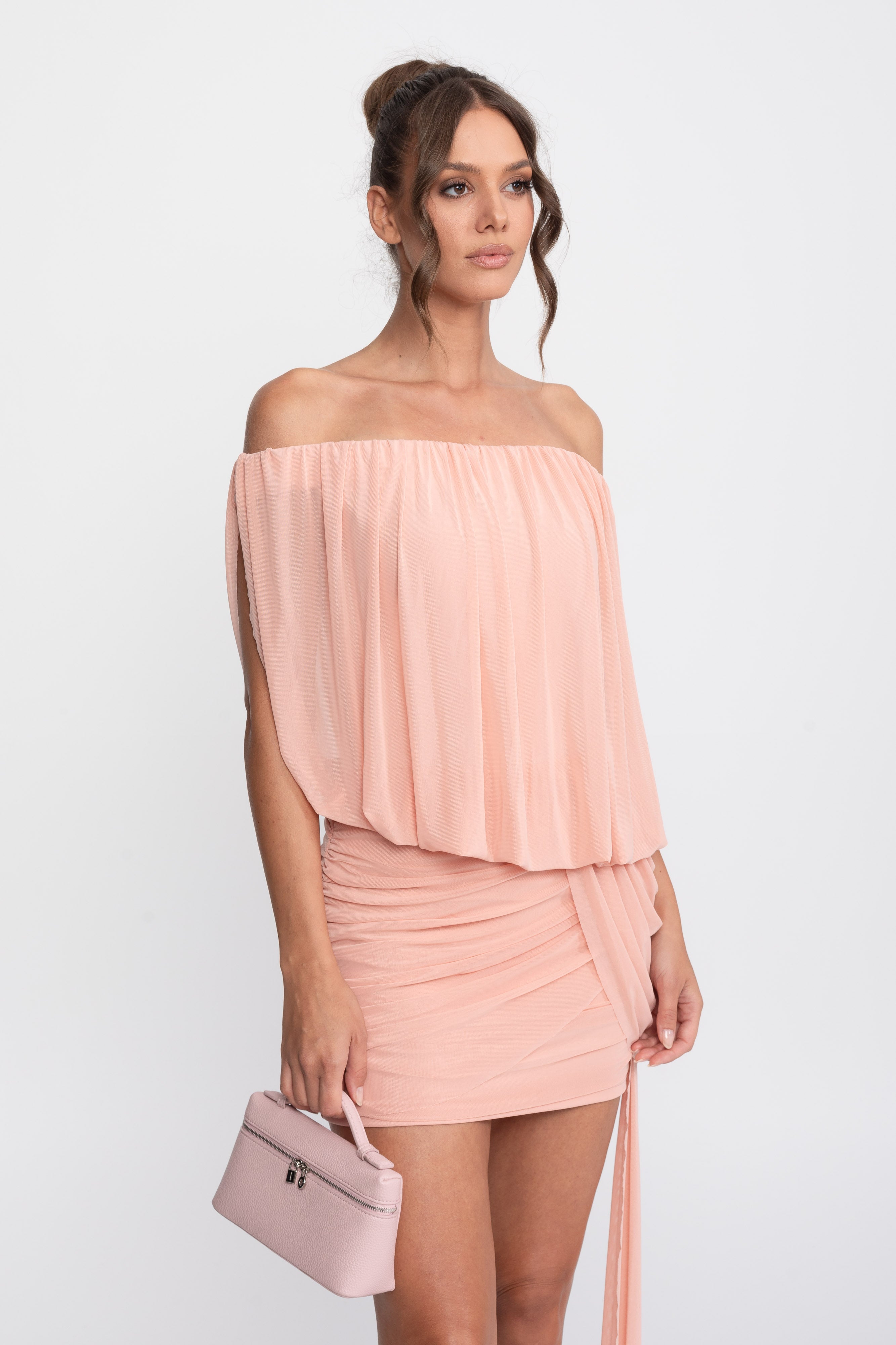 Off-Shoulder Ruched Wrap Mini Dress With Tie Waist - Peach