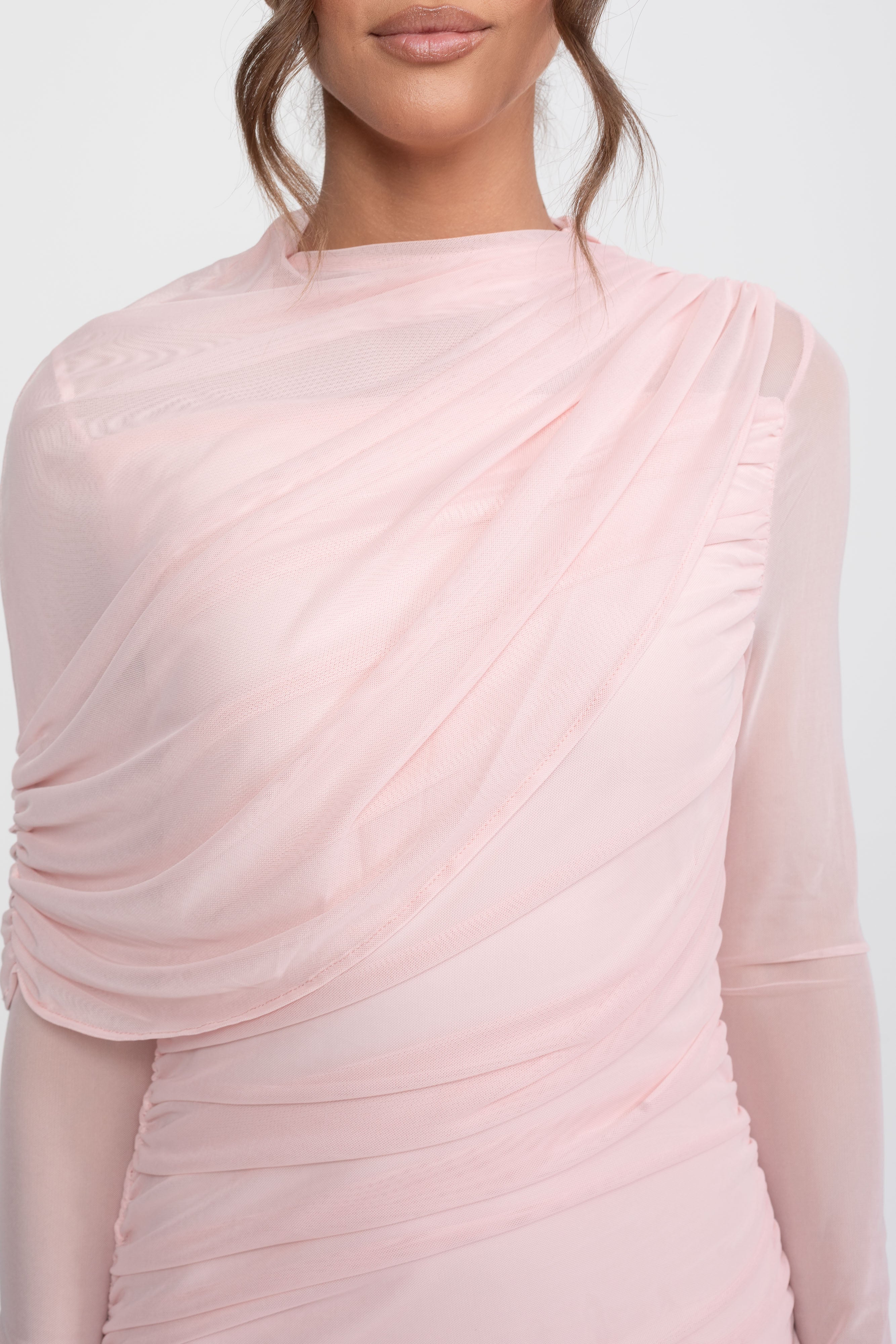 Draped Shoulder Maxi Dress With Sheer Skirt - Pink
