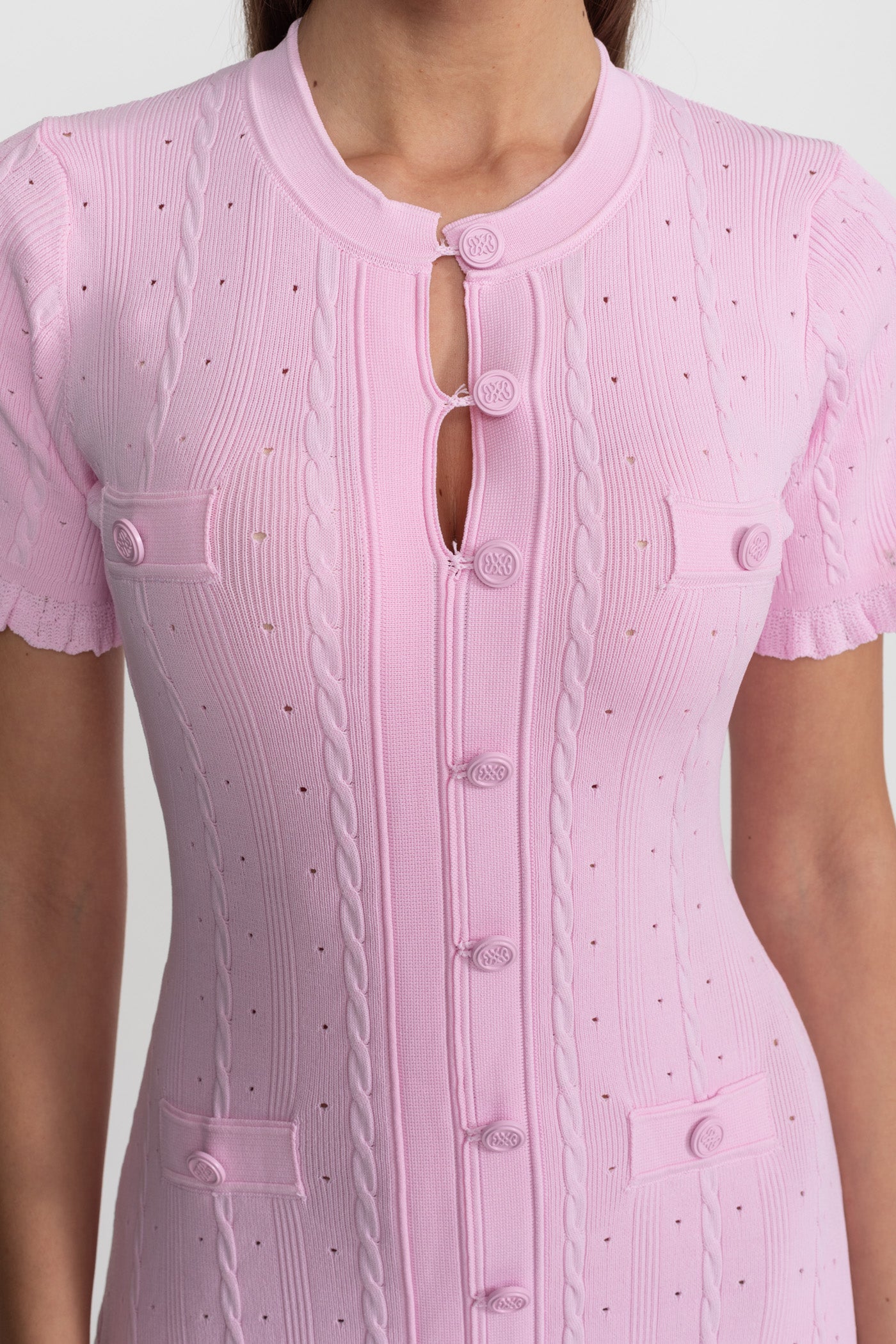 Knit Button-Front Midi Dress with Scalloped Sleeves – Pink