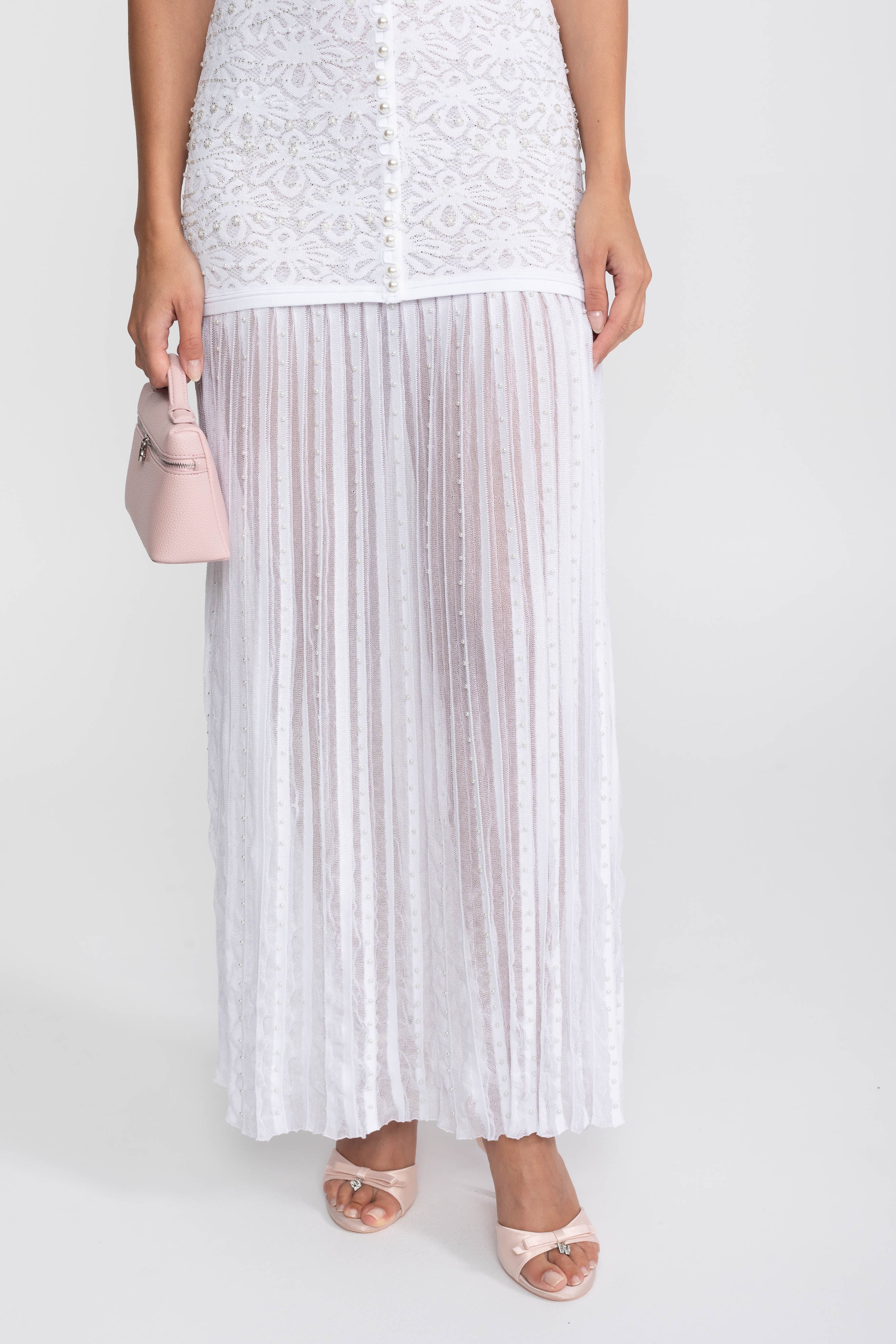 Short Sleeve Midi Dress With Pearl Embellishments - White