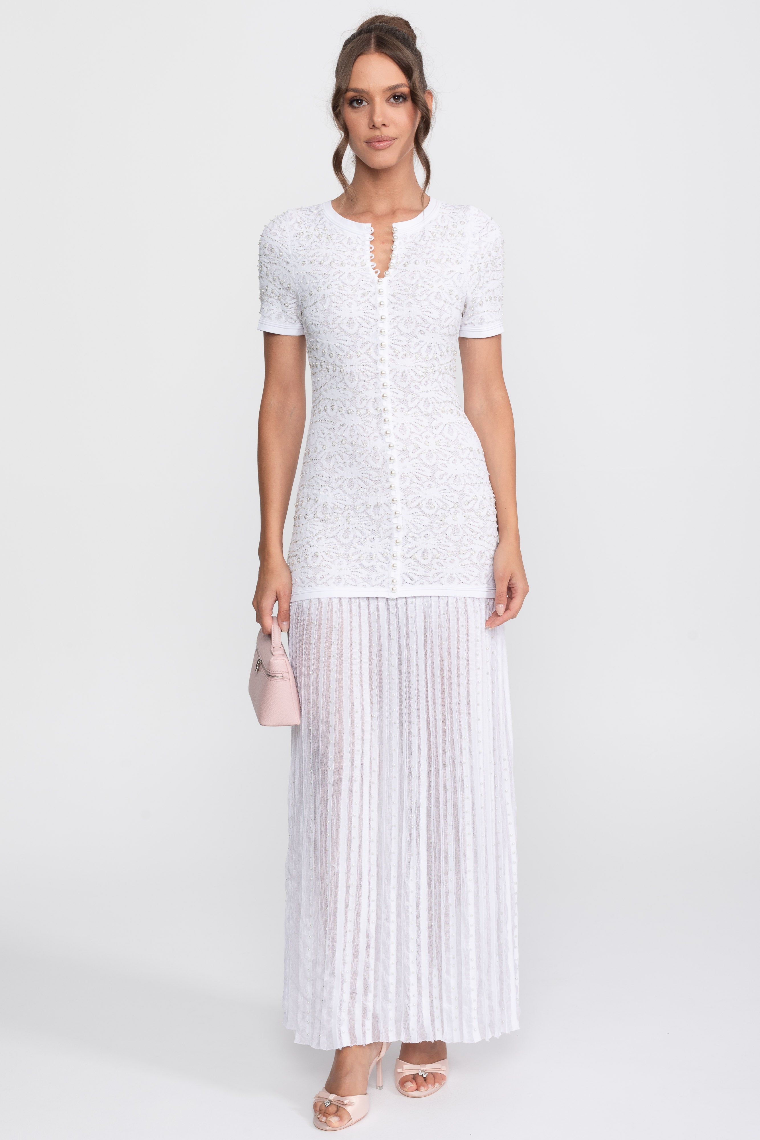 Rochie midi cu mâneci scurte și aplicații de perle - Alb 