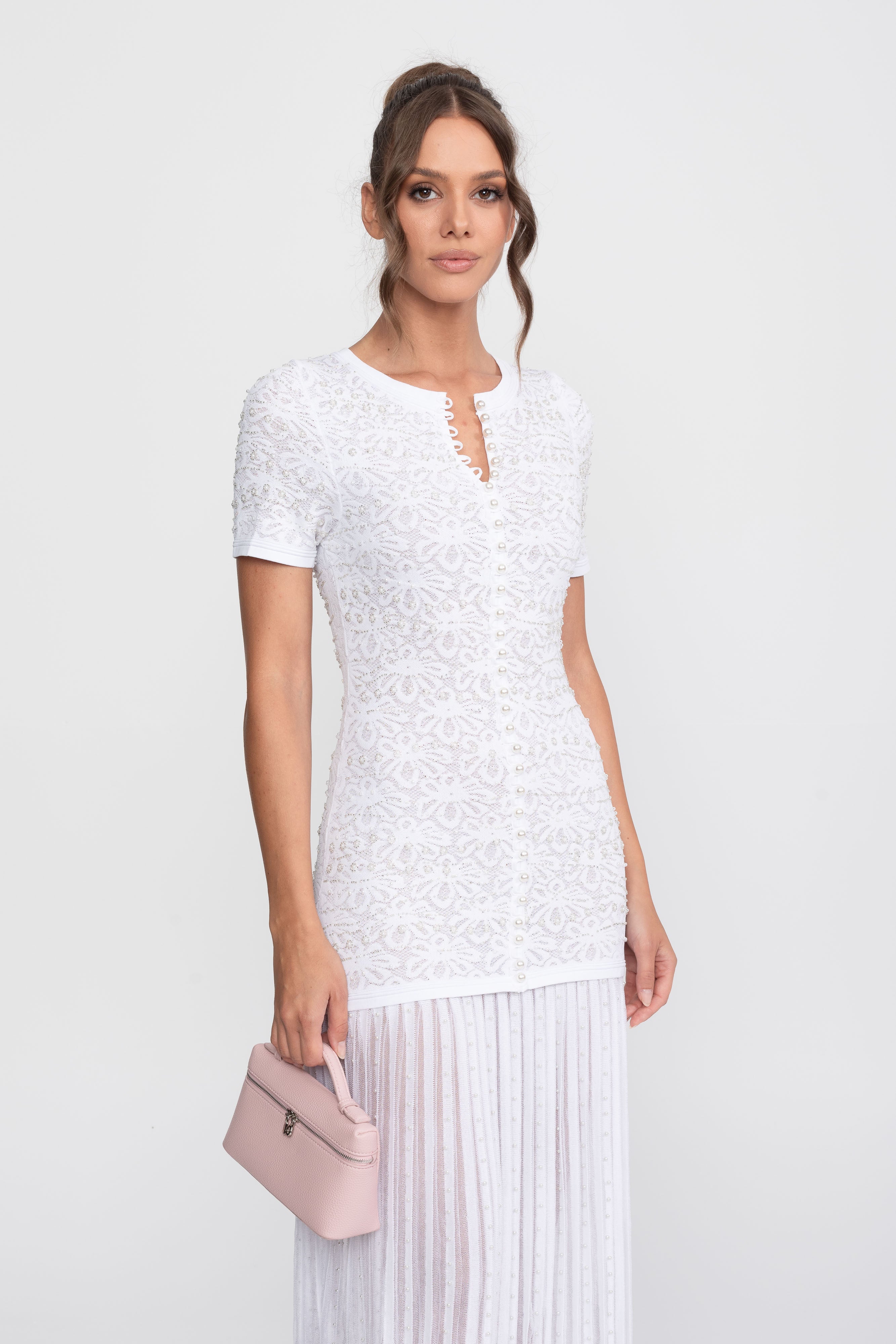 Short Sleeve Midi Dress With Pearl Embellishments - White