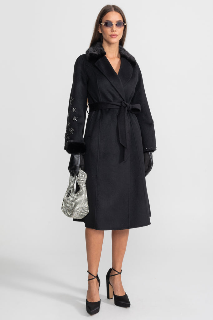 Embellished Wool Overcoat With Fox Fur Collar – Black