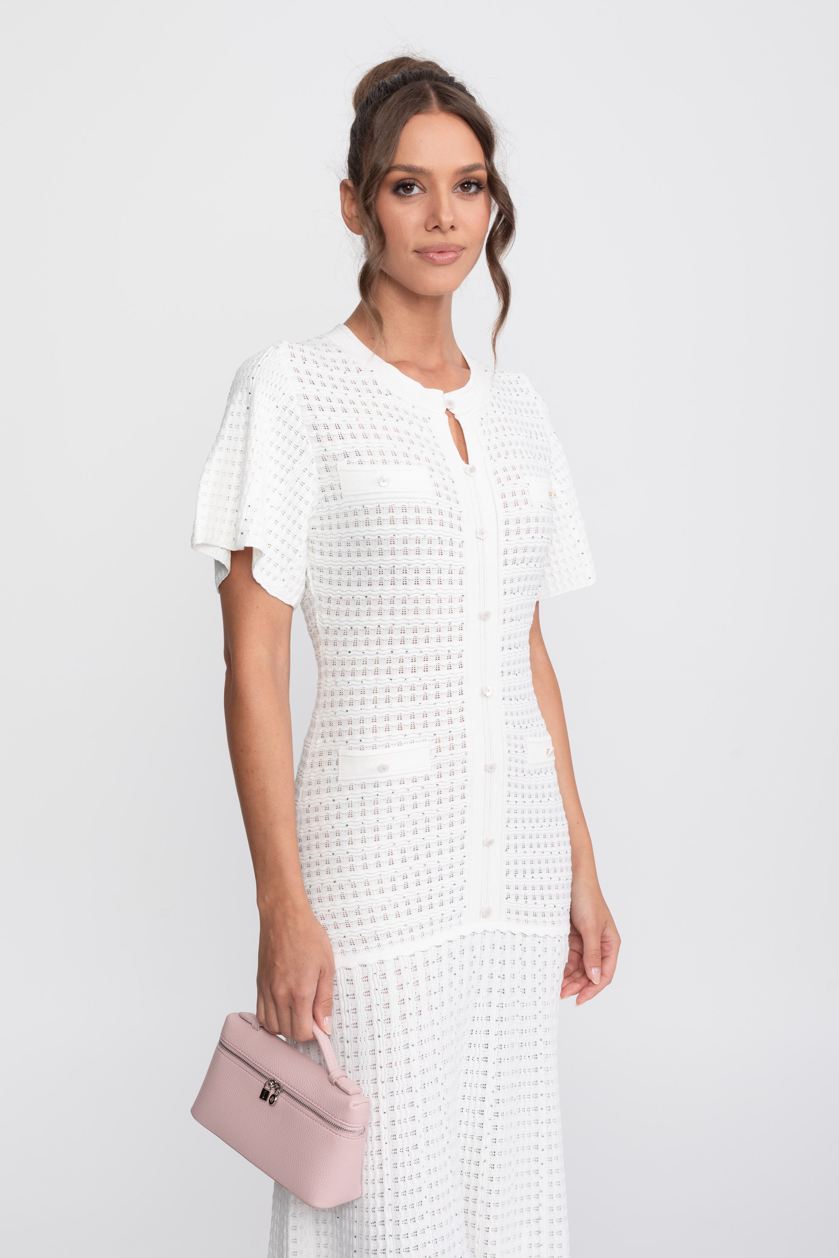 Rochie midi cu mânecă scurtă și textură tricotată cu sclipiri - Alb 
