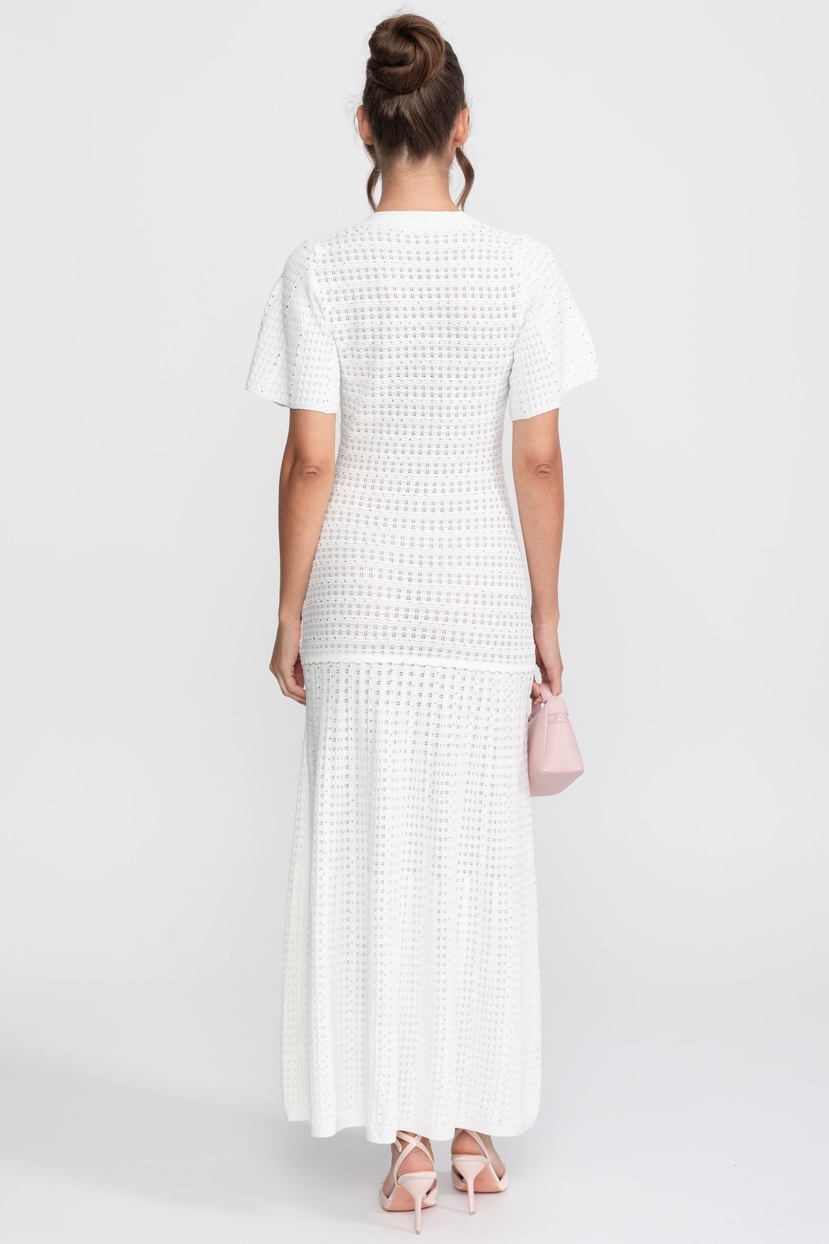 Rochie midi cu mânecă scurtă și textură tricotată cu sclipiri - Alb 