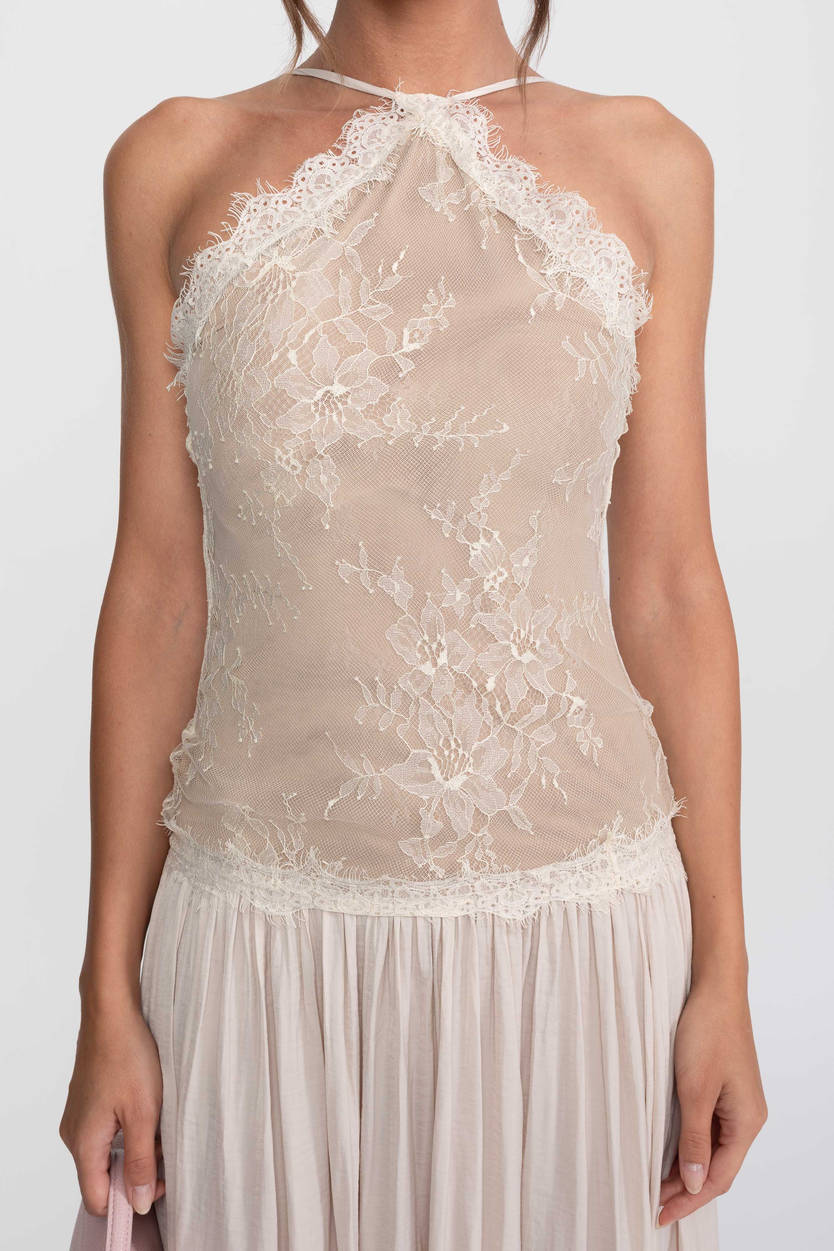 Rochie maxi fără mâneci cu halter din dantelă și fustă plisată - Cream 